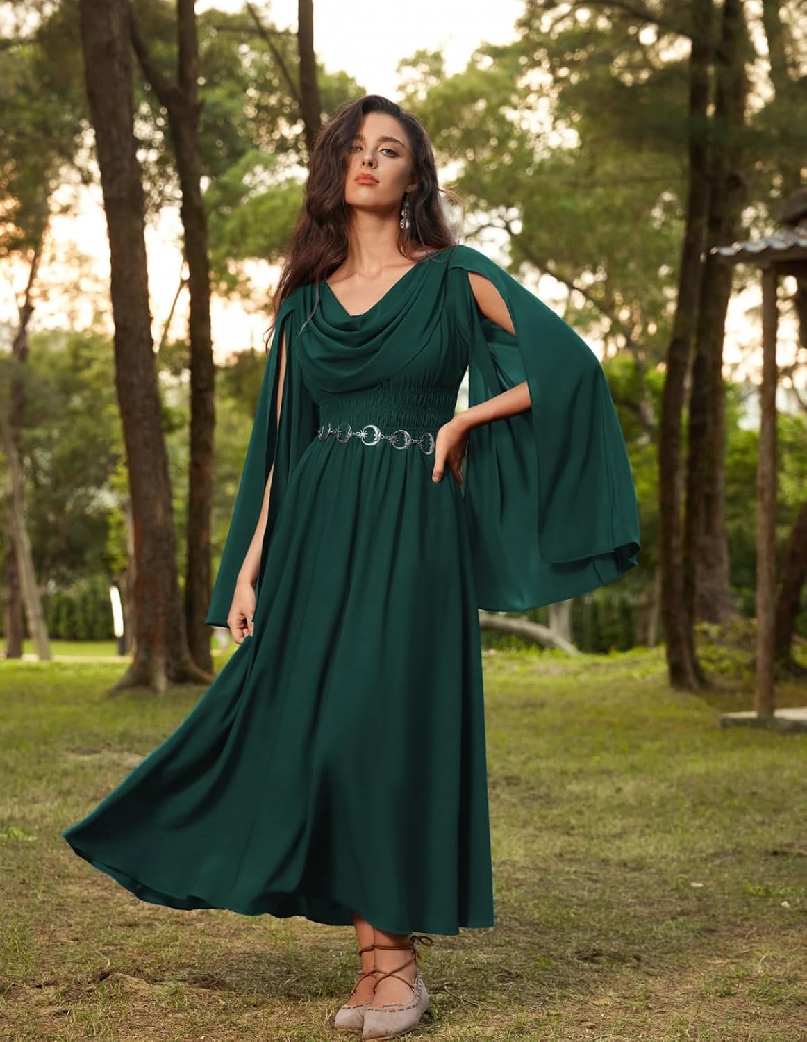 Scarlet Darkness Women Renaissance Dress Split Bell Sleeve Cowl Neck Peasant Medieval Dress - Image 4