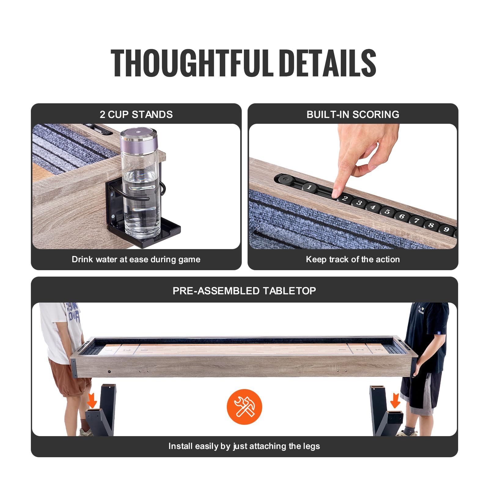 VEVOR 274,5 cm stół do shuffleboardingu z diodą LED, 2 w 1 stół do gry w kufle i kręgle, zestaw do shuffleboardingu, z odpornym na zarysowania placem zabaw i 8 kloszami, dla przyjaciół rodziny