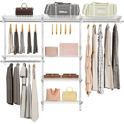 Wire Closet Organizer System, Wall Mounted 6.5 Ft. Custom Closet Kit for Bedrooms, Adjustable Storage Shelves for Clothes, Shoes, and Handbags