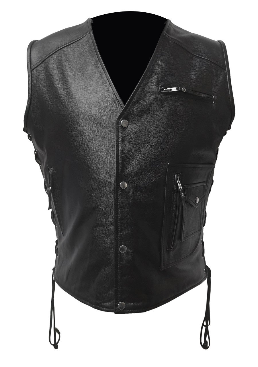 Mens Real Black Premium Quality Leather Club Waistcoat Heavy Duty Classic Biker Vest Jacket (US, Alpha, Medium, Regular, Regular, Black)