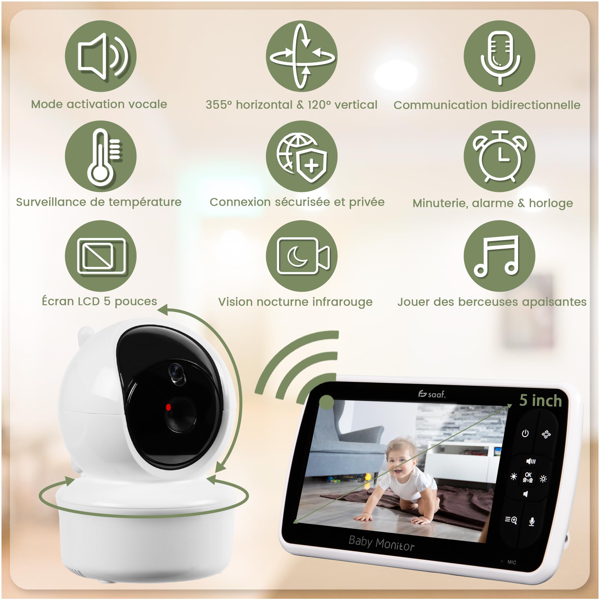 saaf Babyphone avec Caméra et Écran 5” – Caméra Orientable et Pivotante avec Fonction Zoom – Fonction Parler & Vision Nocturne – Berceuses Intégrées – Luminosité Réglable – Support Flexible Inclus