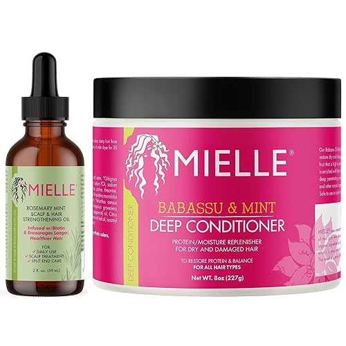 Mielle Organics Aceite fortalecedor del cuero cabelludo y el cabello y menta de romero y paquete de acondicionador profundo de babasú y menta