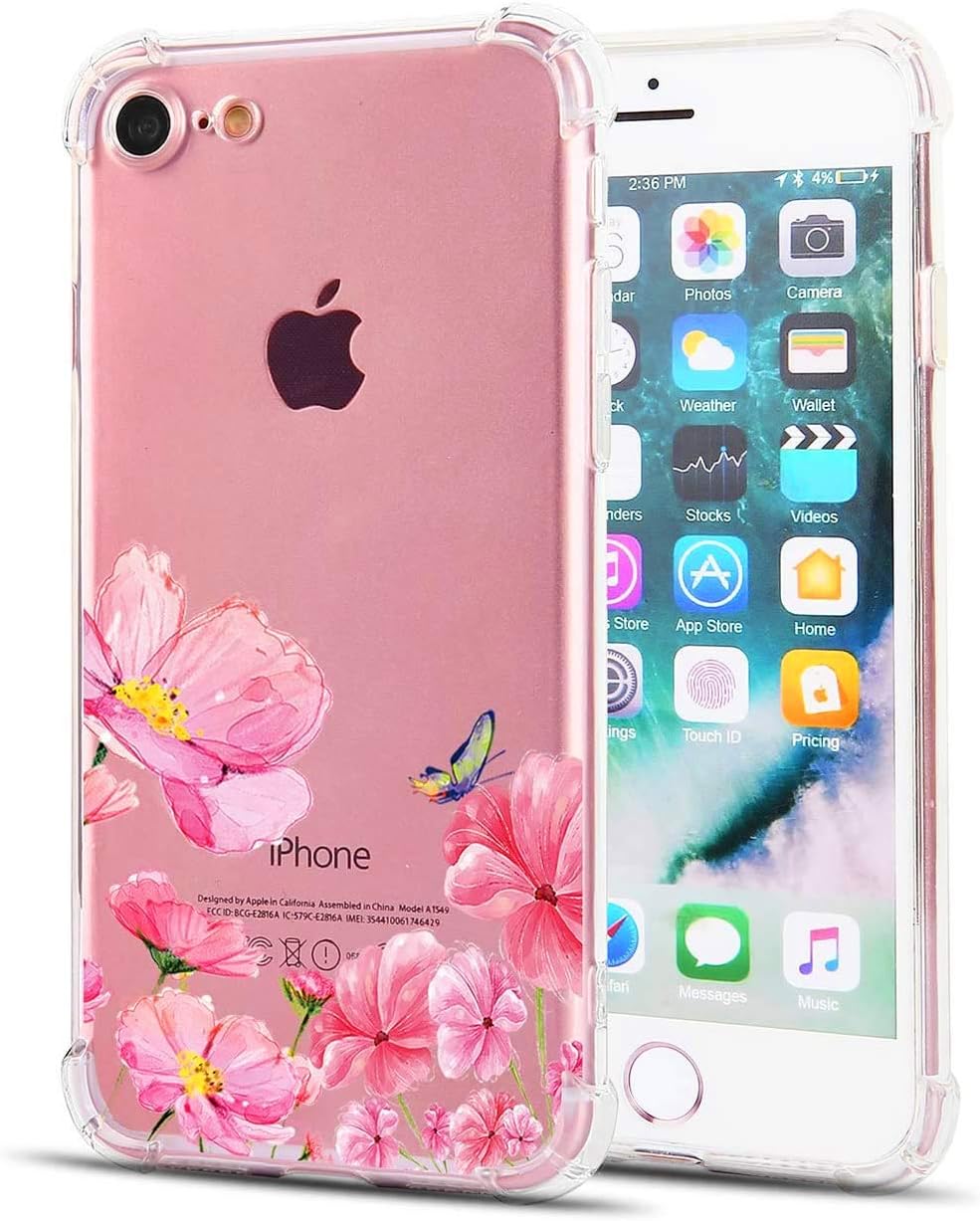 TRENSOM iPhone 8 Flower Case iPhone 7 Clear Case Floral Butterfly Pattern Soft TPU Case Slim Flexible Shockproof Bumper Phone Cases for Women Girls Pink Flowers iPhone SE 2020 Case