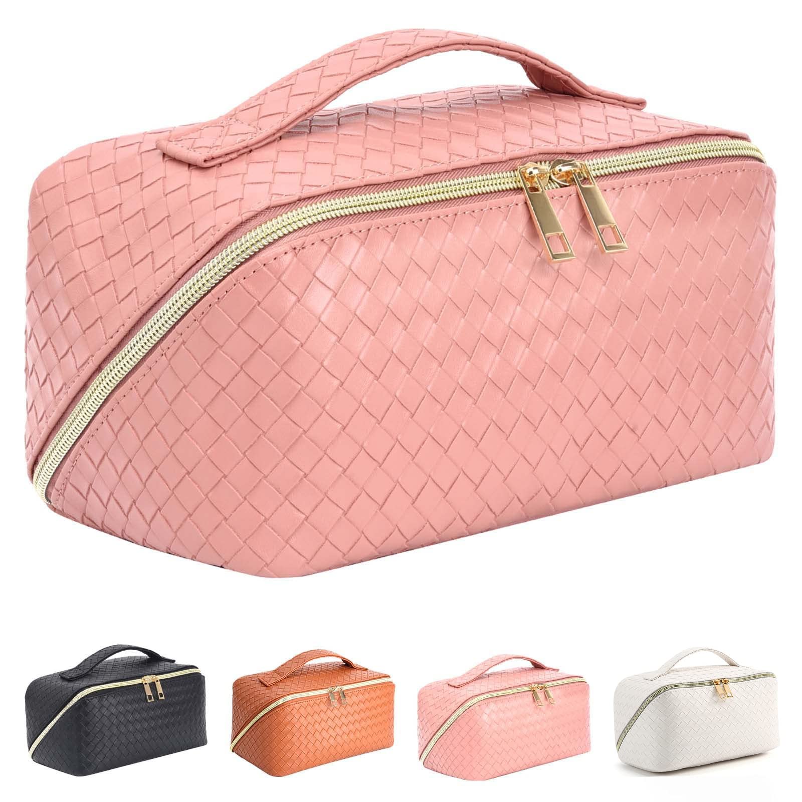 X springXspring Large Capacity Cosmetic Bag, Portable Woven Leather Makeup Bag, Waterproof Travel Makeup Bag Organizer with Handle and Divider Flat Lay, Checkered Open Flat Toiletry Bag (Pink)