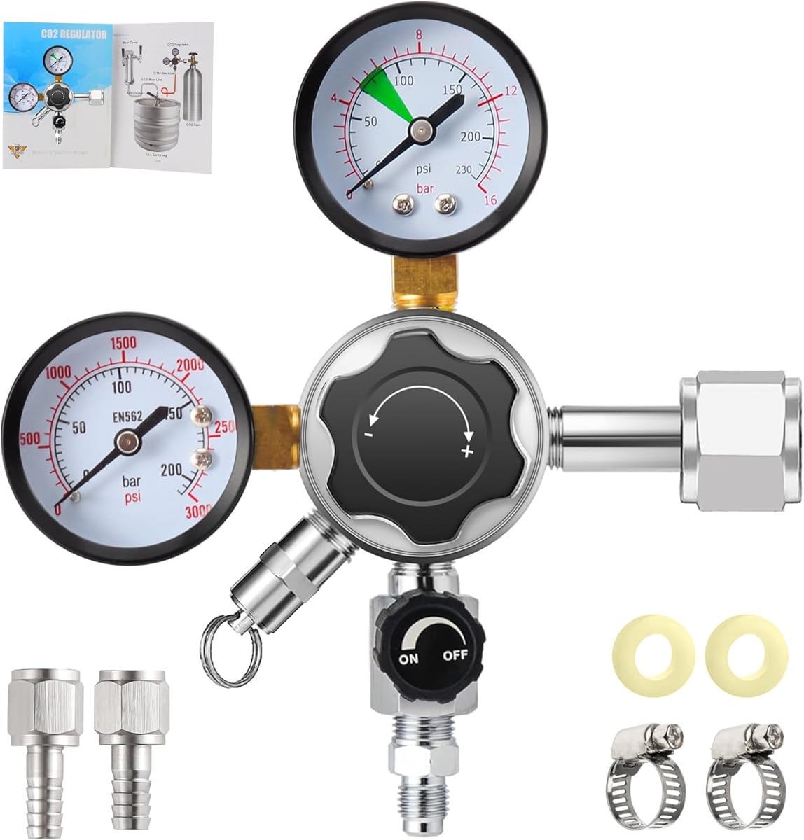 MRbrew Beer Keg Regulator 0-120 PSI CO2 Regulator, Quick Disconnect CO2 Kegerator Regulator, Beer Regulator with Safety Pressure Relief Valve, Gas Regulator with 2 Swivel Nut & 1/4’’ & 5/16’’ Barb