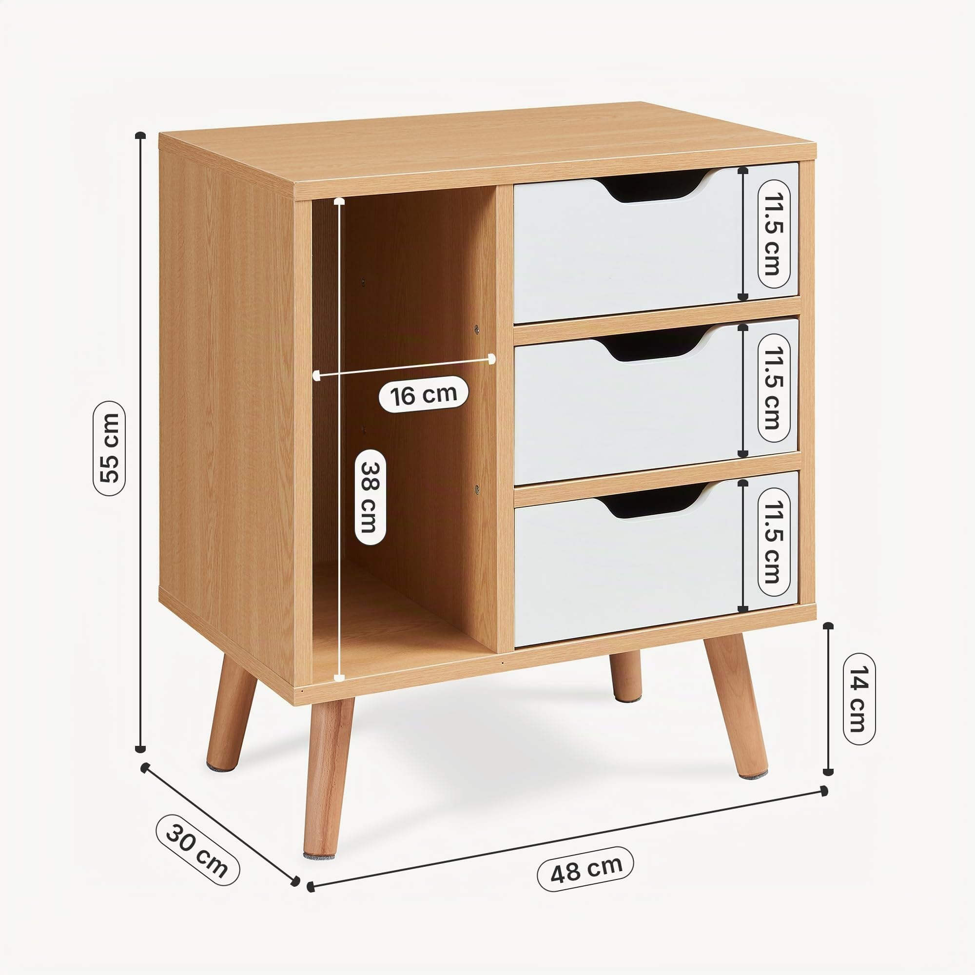 [en.casa] Comodino a 3 Cassetti e Scomparto Aperto Tavolino Basso Laterale Mobiletto Contenitore per Camera da Letto Soggiorno Ingresso 55 x 48 x 30 cm - Effetto Rovere/Bianco