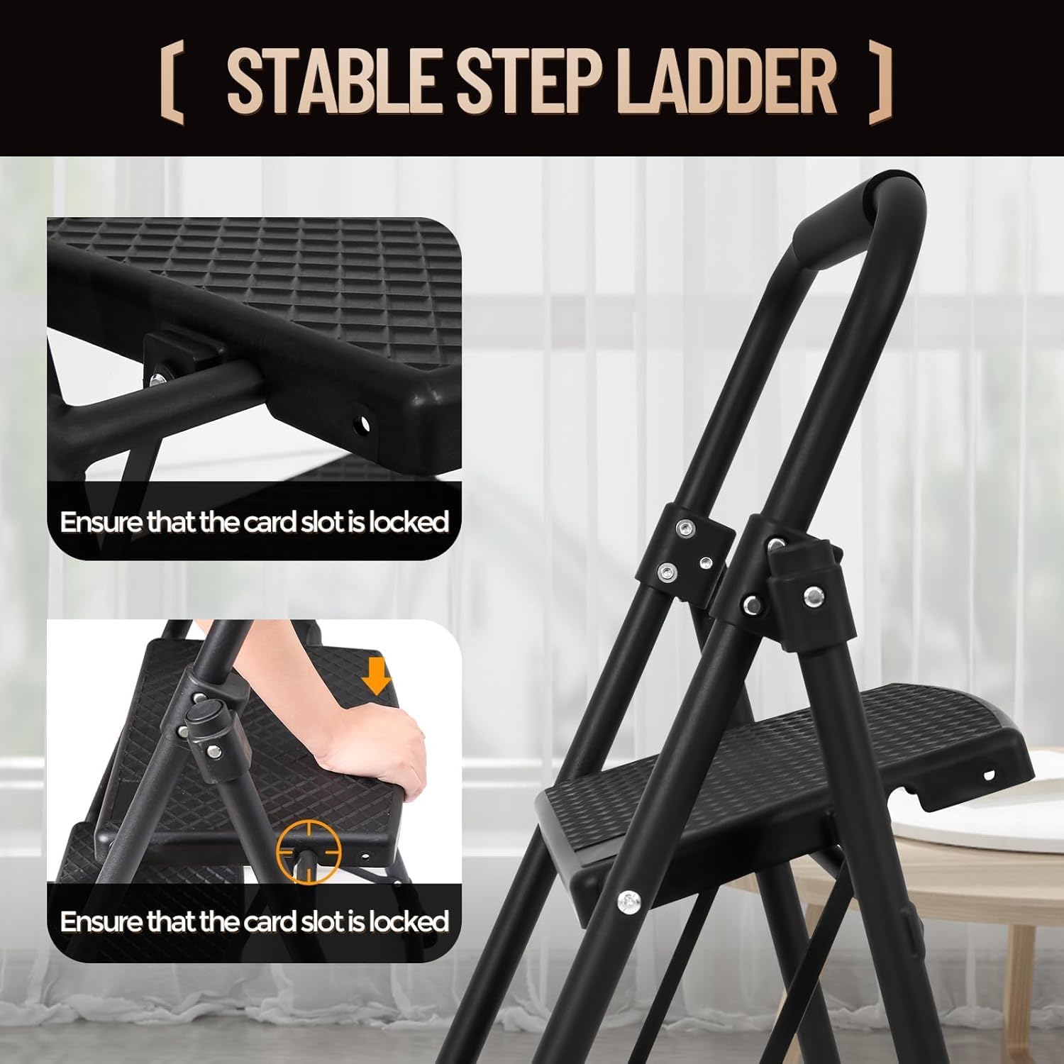 Step Ladder 3 Step Folding Step Stool for Adults 500lbs Capacity Portable Sturdy Steel Step Stool with Anti-Slip Pedals Perfect for Kitchen & Household (3-Step)