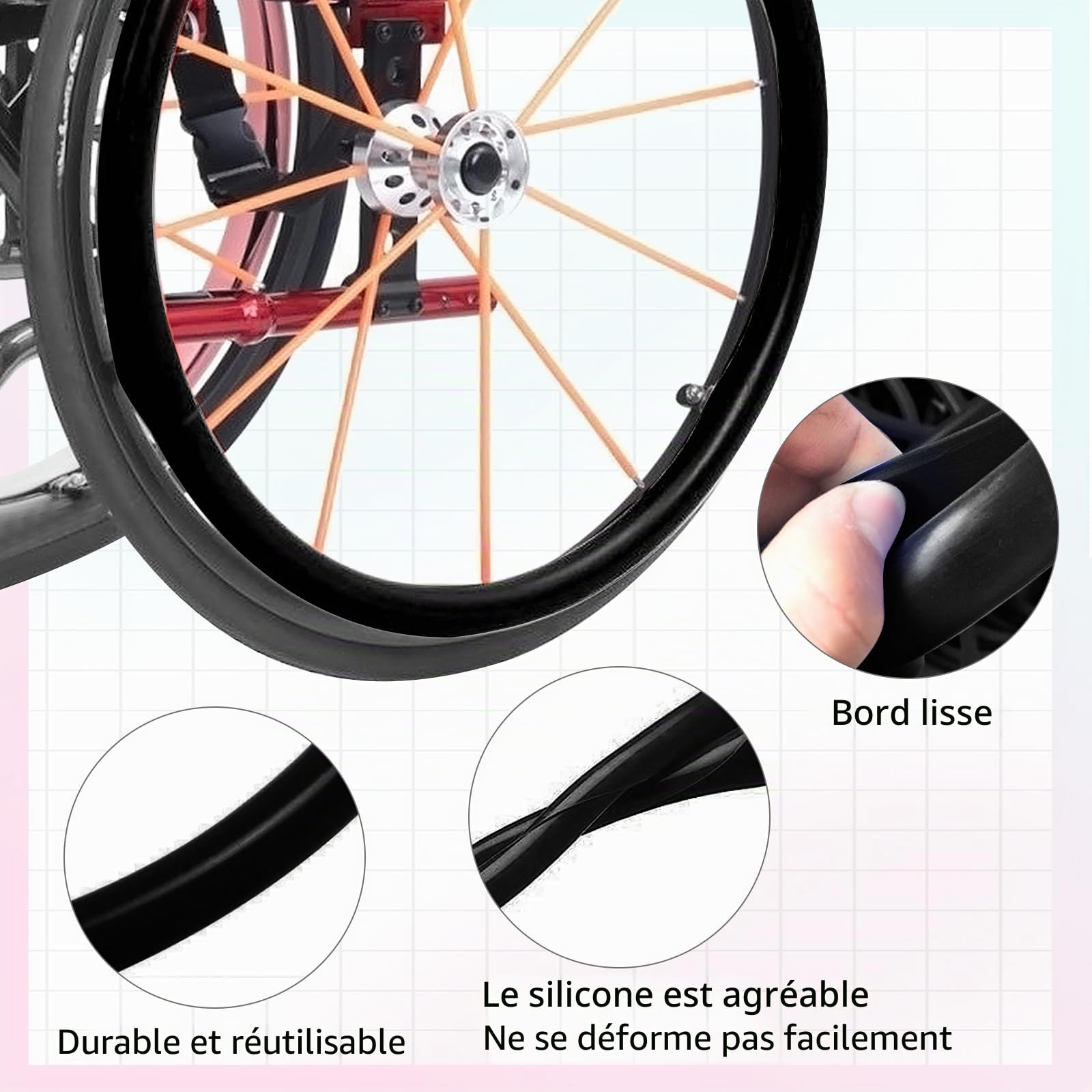 Lot de 2 housses de jantes coulissantes pour fauteuil roulant - 24/22" - En silicone antidérapant et résistant à l'usure - Améliore l'adhérence et la traction - 55 cm - Noir