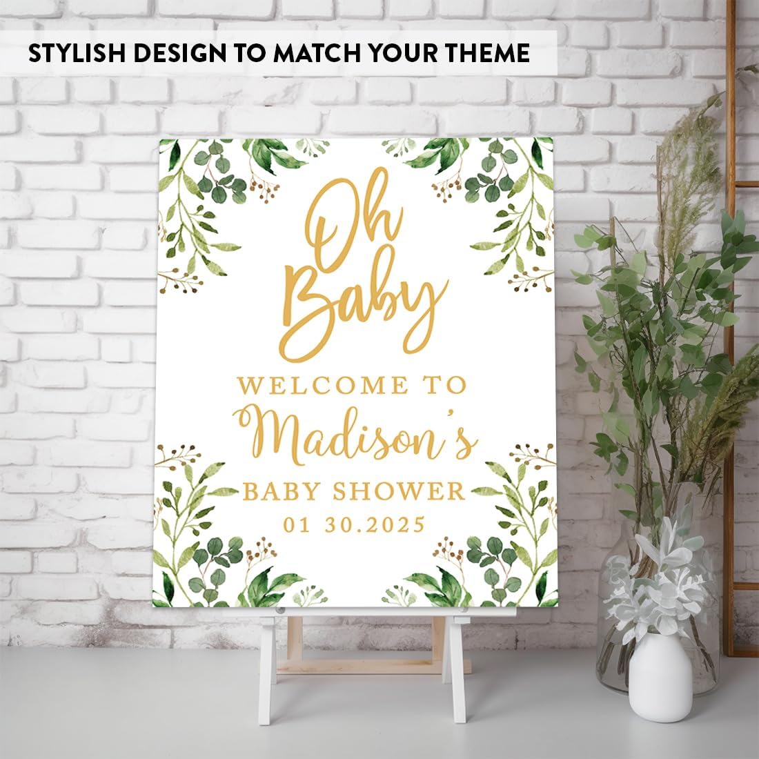 Andaz Press Personalized Large Canvas Baby Shower Welcome Sign, 16 x 20 Inches, Gold and Greenery Leaf Foliage, Guestbook Alternative, Custom Baby Shower Sign
