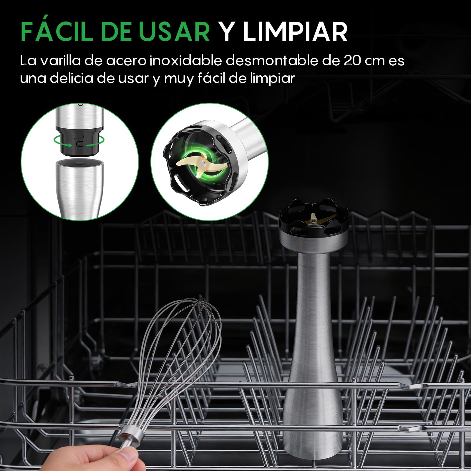 FRESKO Batidora de Mano 4 en 1 1000W, Velocidad Graduable, 4 Cuchillas Inox | Acero Inoxidable con Protector para Ollas, Batidora para Alimentos de Bebé, Sopas, Smoothies, Purés, Salsas, H9
