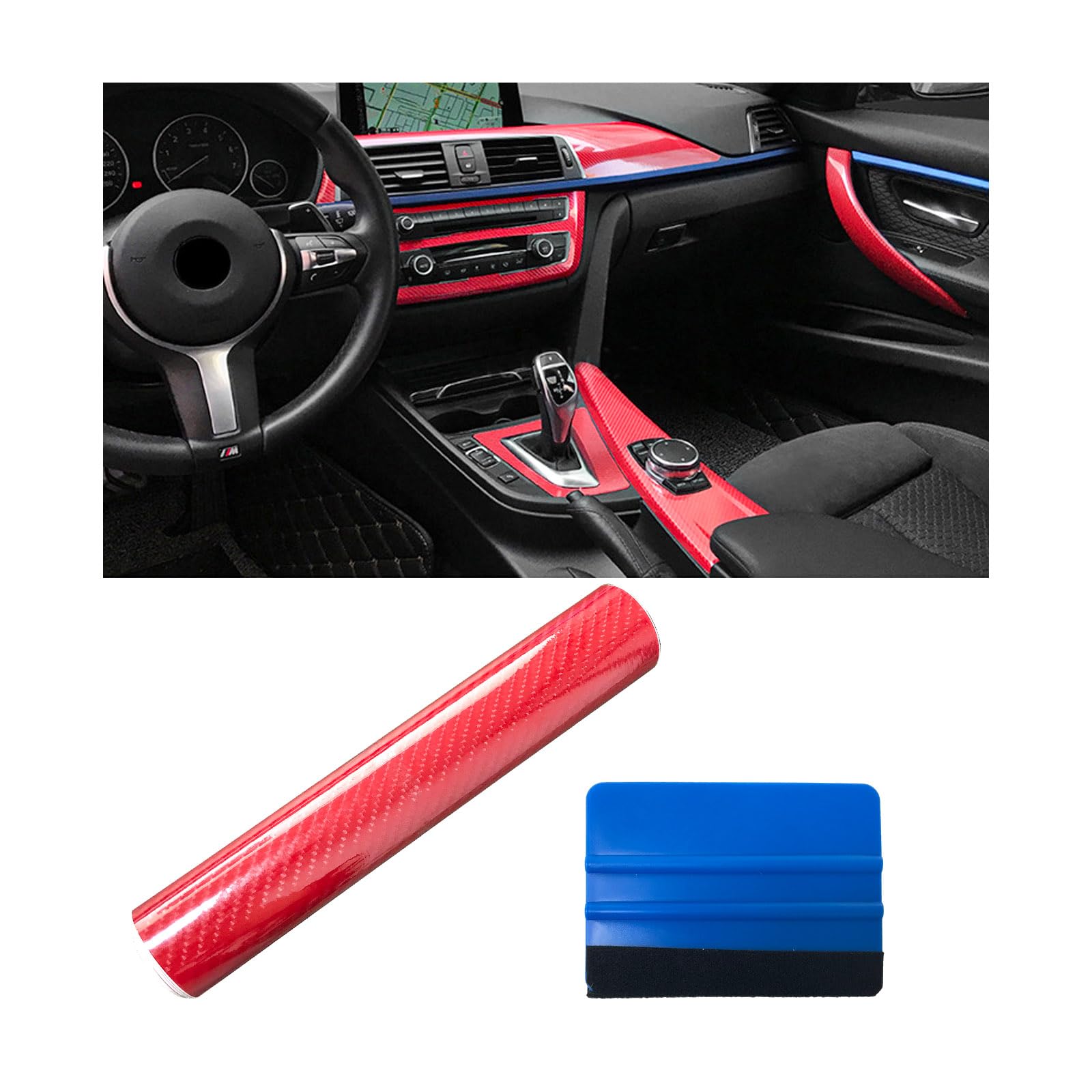 2 PCS Car 5D Glossy Carbon Fiber Wrap, 12'' × 60'' DIY Automotive Vinyl Wrapping Film Roll with Scraper, Anti-Scratch Air Release Vehicle Interior Self Adhesive Sticker (Red)