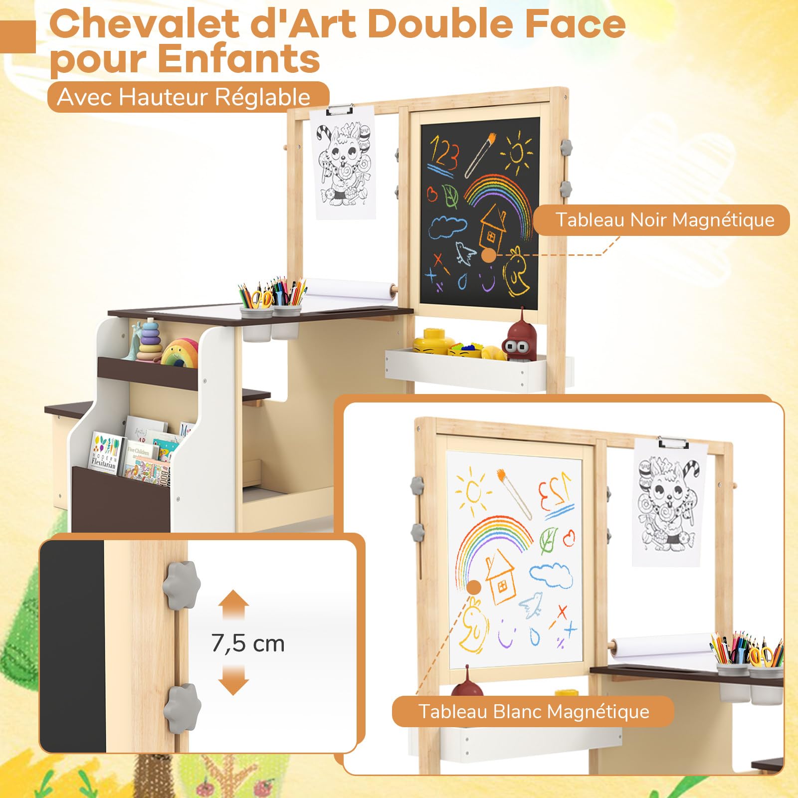 GOPLUS Bureau Enfant avec Rangement, Tableau Chevalet Double Face Ajustable, Table d'Activité avec Banc, Rouleau de Papier, Tableau Blanc/Noir, 3+Ans (Café)