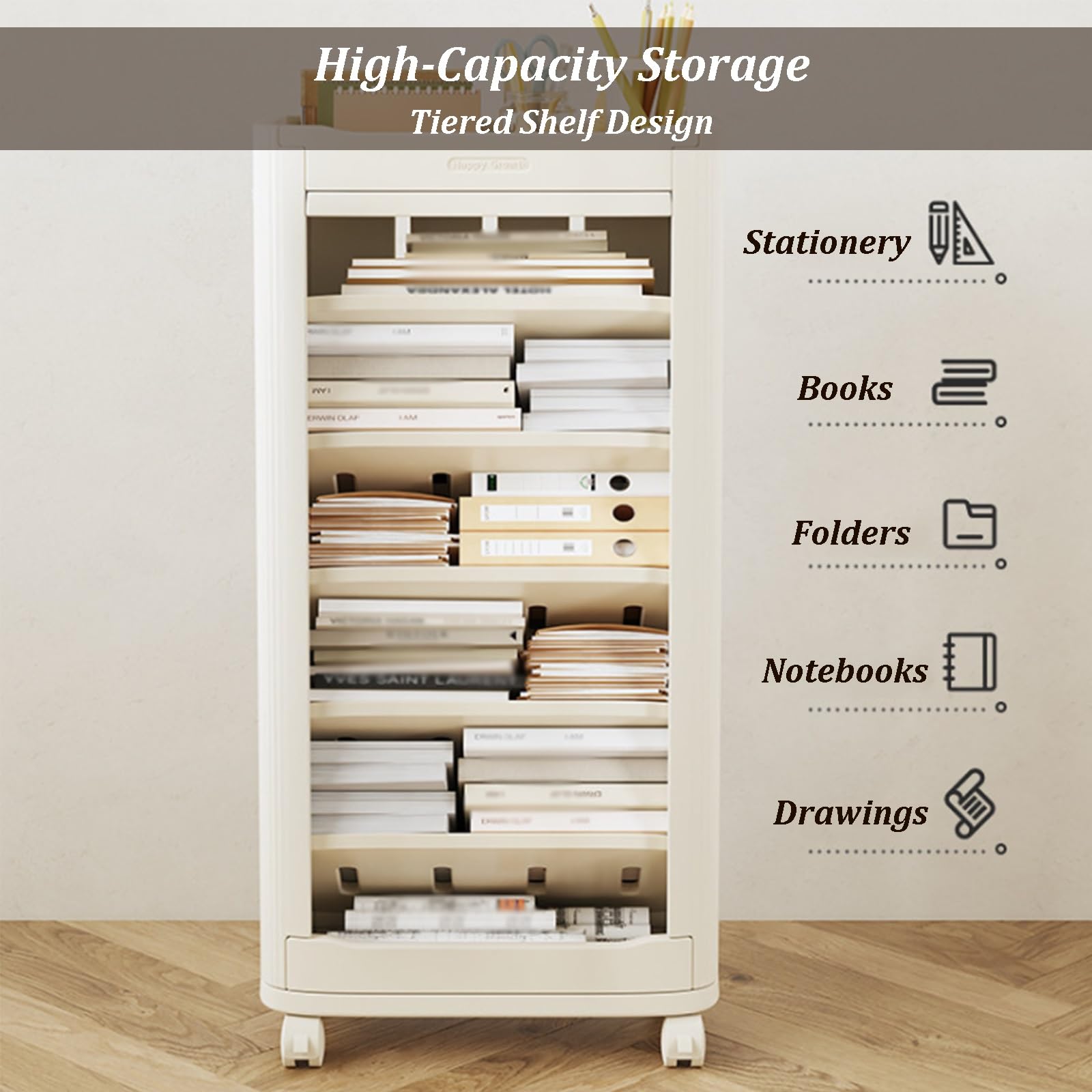 Libreria A 7 Livelli Su Ruote, Organizzatore Per Libri E Carrello Multiuso Mobile, Design Con Ripiani Inclinati, Organizzatore Stretto Per Aula, Ufficio, Studio E Casa(B)