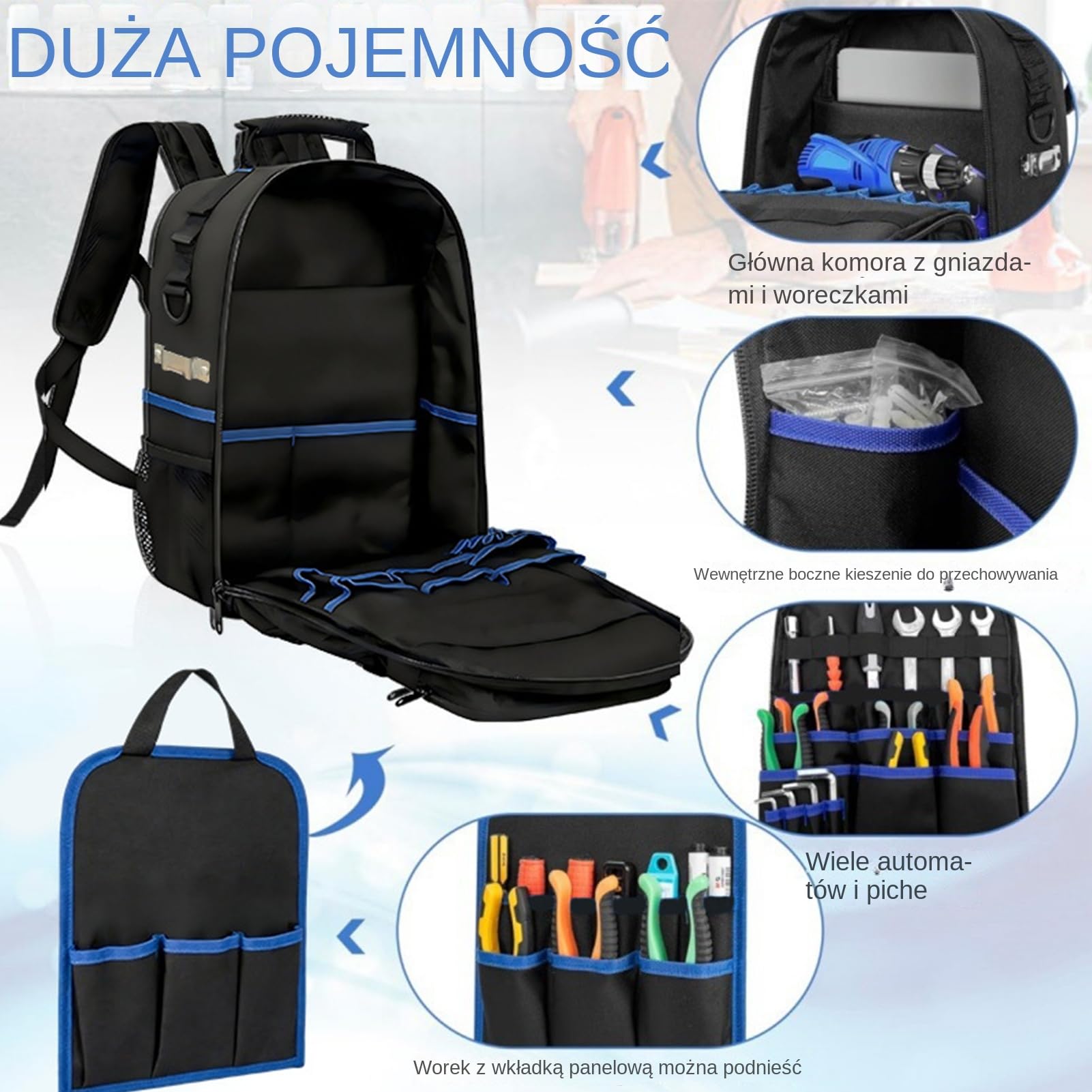 Plecak narzędziowy wytrzymały Pakiet do przechowywania z twardym dnem | Ciężki plecak i torby narzędziowe z wieloma kieszeniami dla mężczyzn dla technika, elektryka, stolarza, hydraulika, majsterk