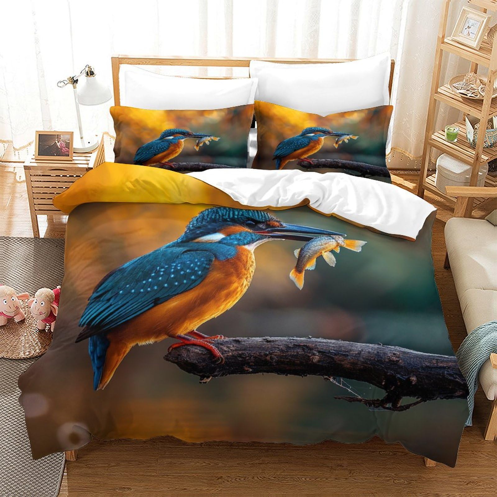 P1S9U7W5Y 3D Printed Nature Kingfisher Duvet Cover Set 3pcs Microfiber Wildlife Bedding Set Bedroom Decor Single（140x200cm）