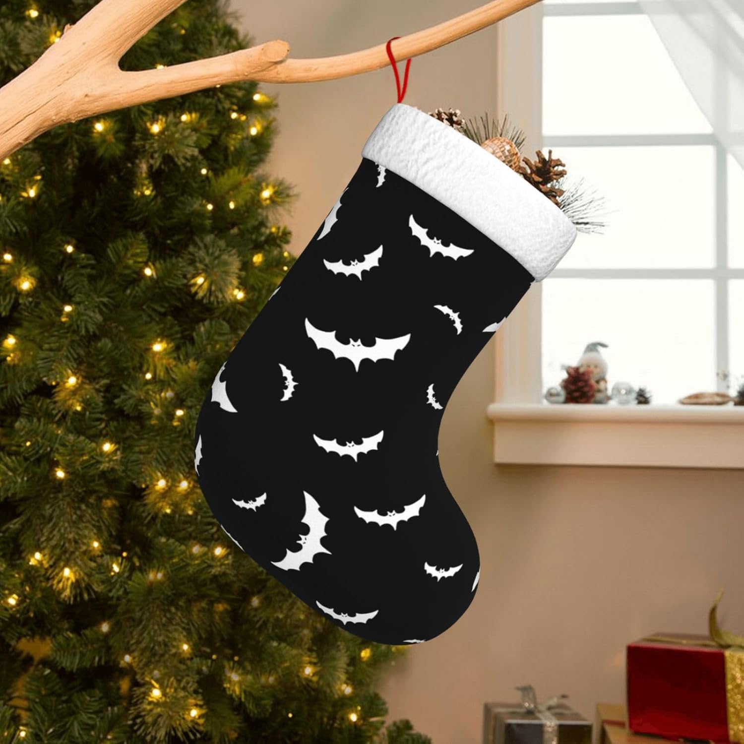 Mint Green Bat Silhouette Christmas Stocking with Plush Cuff