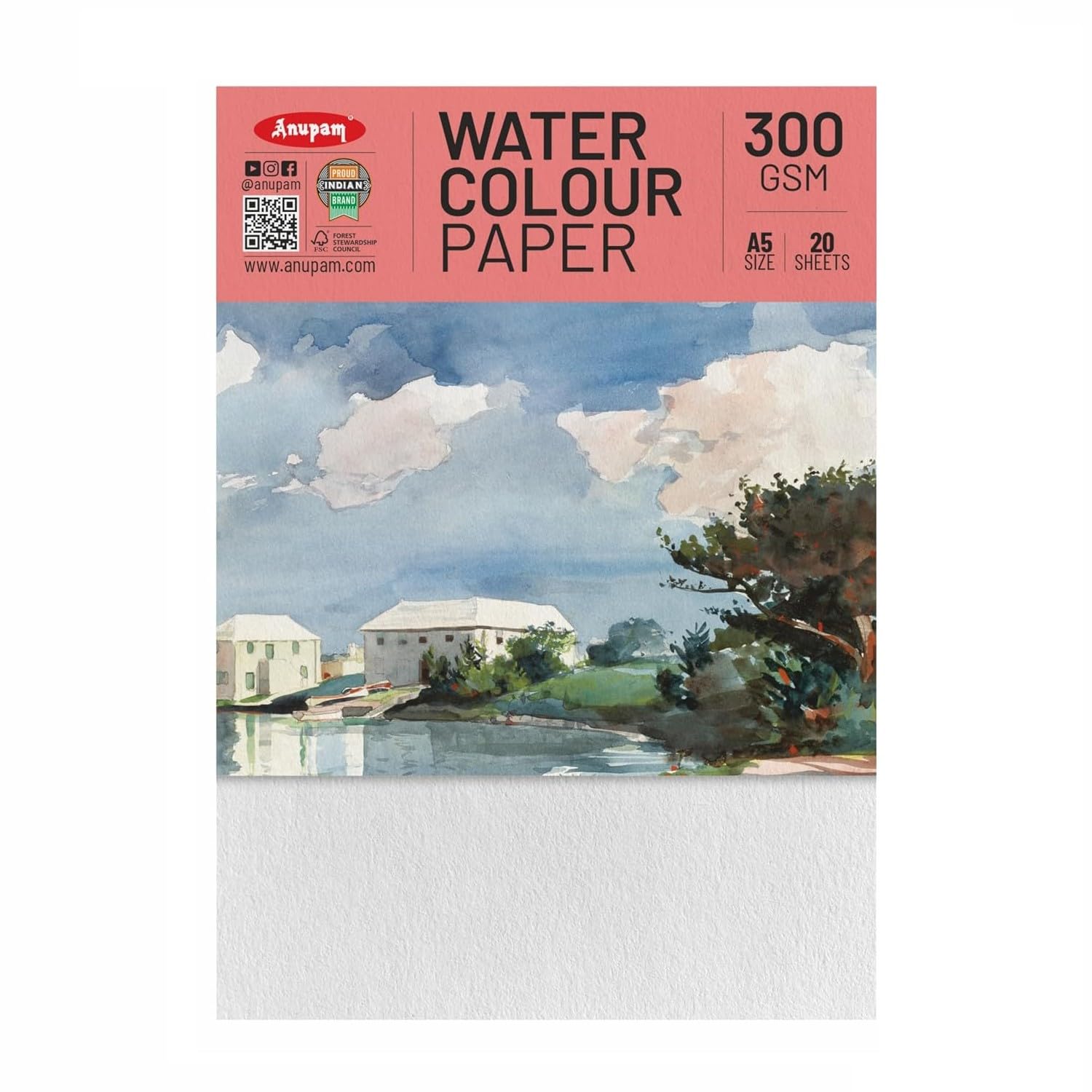 Anupam Professional Watercolour Paper | A5 (21X15CM) 300 GSM Cold Pressed Paper |Acid-Free 20 Sheets| Ideal for Artist, Professional Drawing, Painting Dry & Wet, Fine Art, School, Students