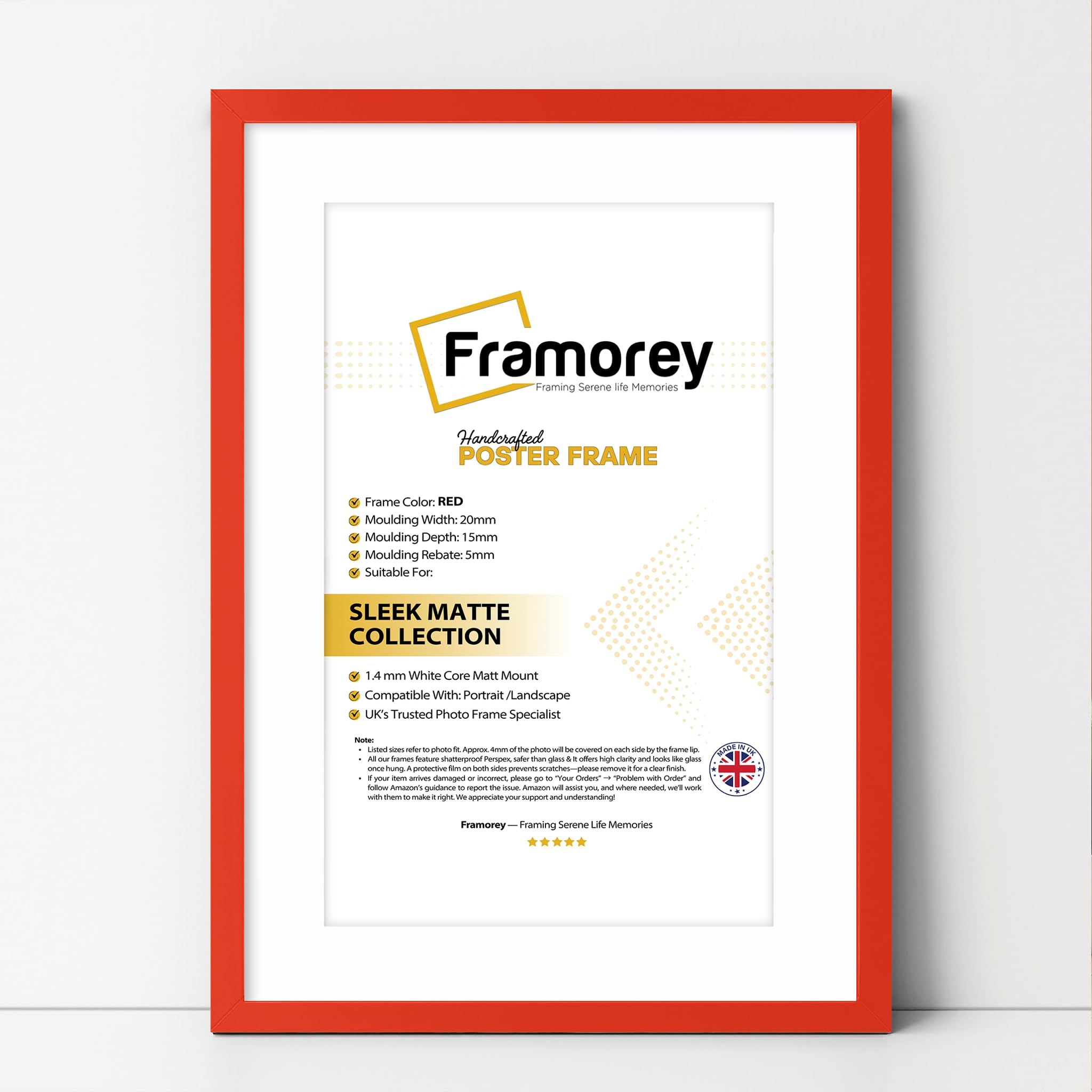 FRAMOREY Thin Matt Red Photo Frames 24x20" Size Picture Frame With 20x16" Size White Mount, Flat Wooden Effect Photo Frames, Home Décor Frame, Wall Art Poster Frame
