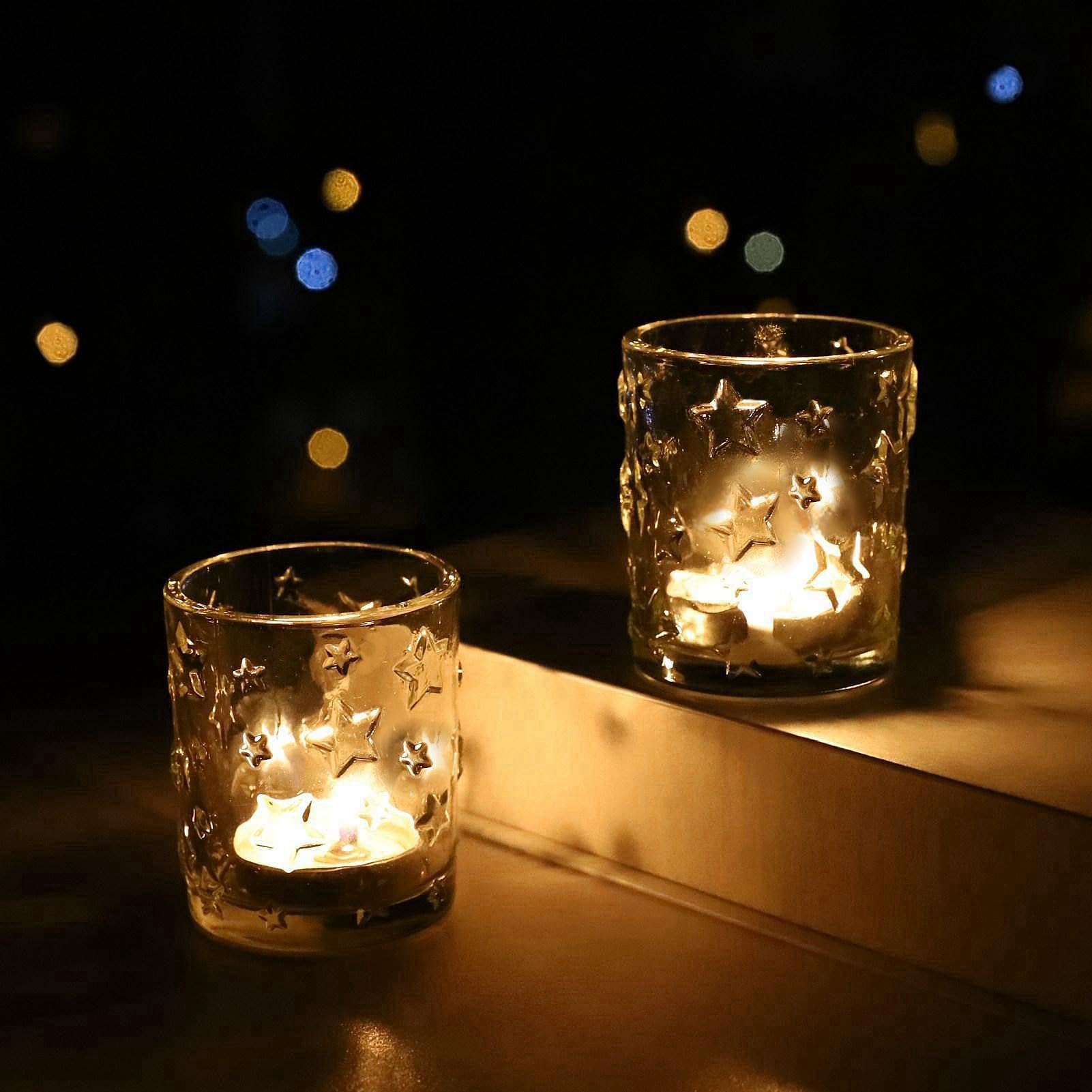 VOHO 24pcs Christmas Candle Holder for Votive Candles & Tea Lights Candles, Clear Votive Candle Holders Star Embossed Glass Decorative for Holiday Dining Table Centerpiece