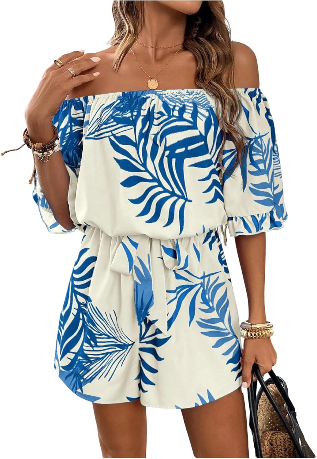 Milumia Women's Off The Shoulder Romper Boho Elastic Waist Shorts Jumpsuit Dressy Casual Vacation Outfits