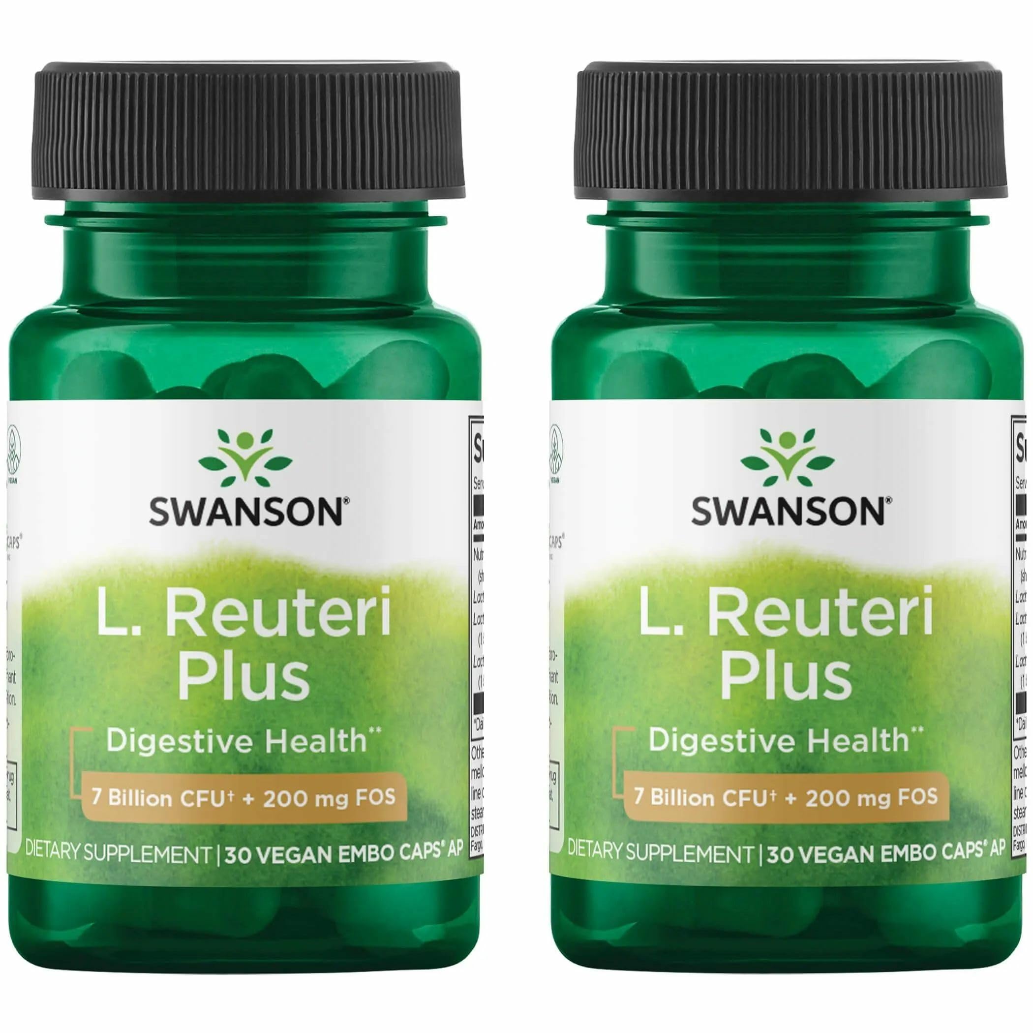 Swanson L. Reuteri Probiotic Plus w/L. Rhamnosus L. Acidophilus & FOS Prebiotic Digestive Support - Promotes Gut Health w/ 7 Billion CFU per Capsule - (30 Veggie Capsules) (2 Pack)