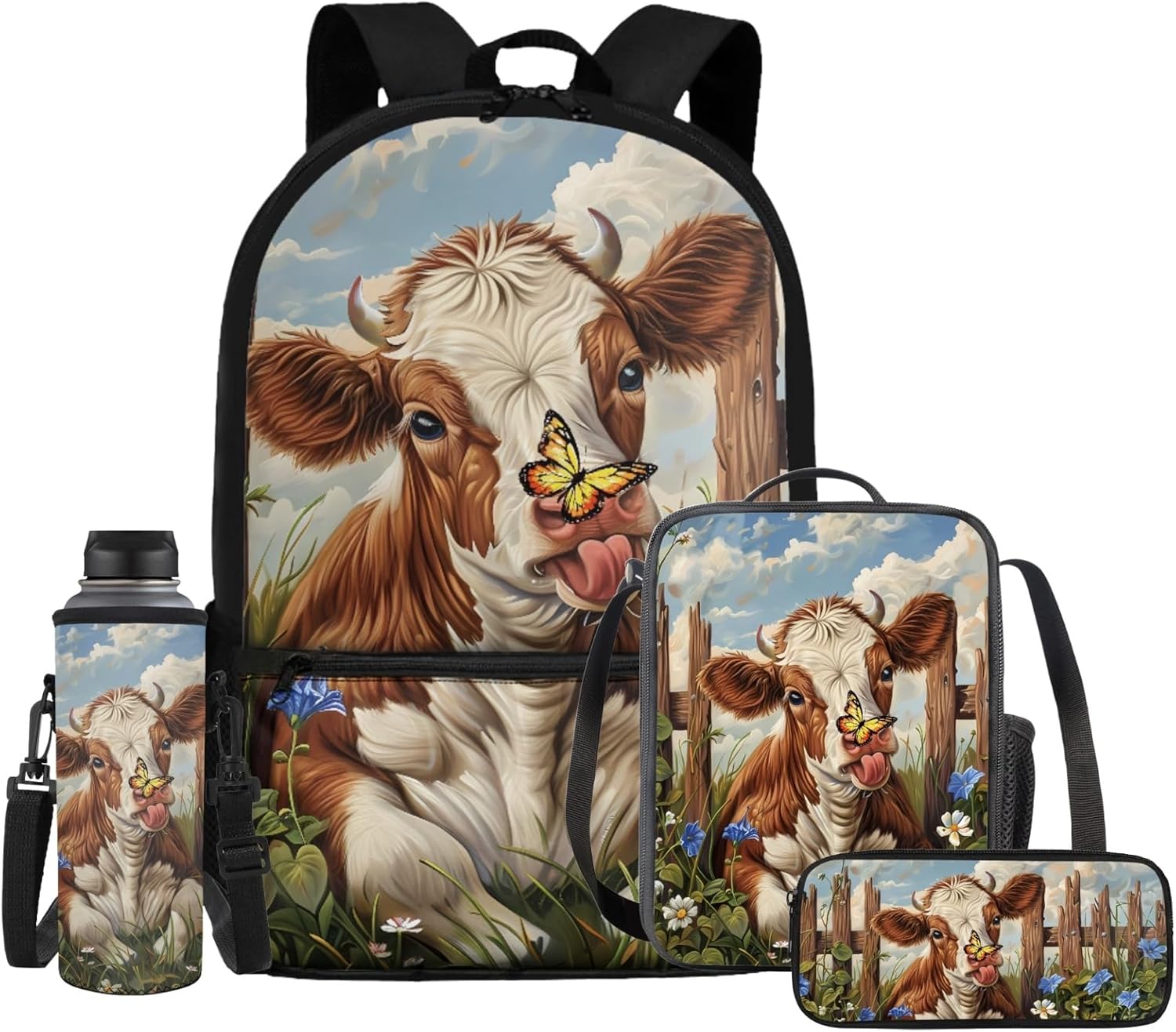 Moon Owl Kids Backpack with Lunch Box for Girls 3rd Grade Back Pack Middle Elementary Student Schoolbags+Pencil Box+Water Bottle Holder for Teen Girls 7th Grade Cute Satchel Knapsack