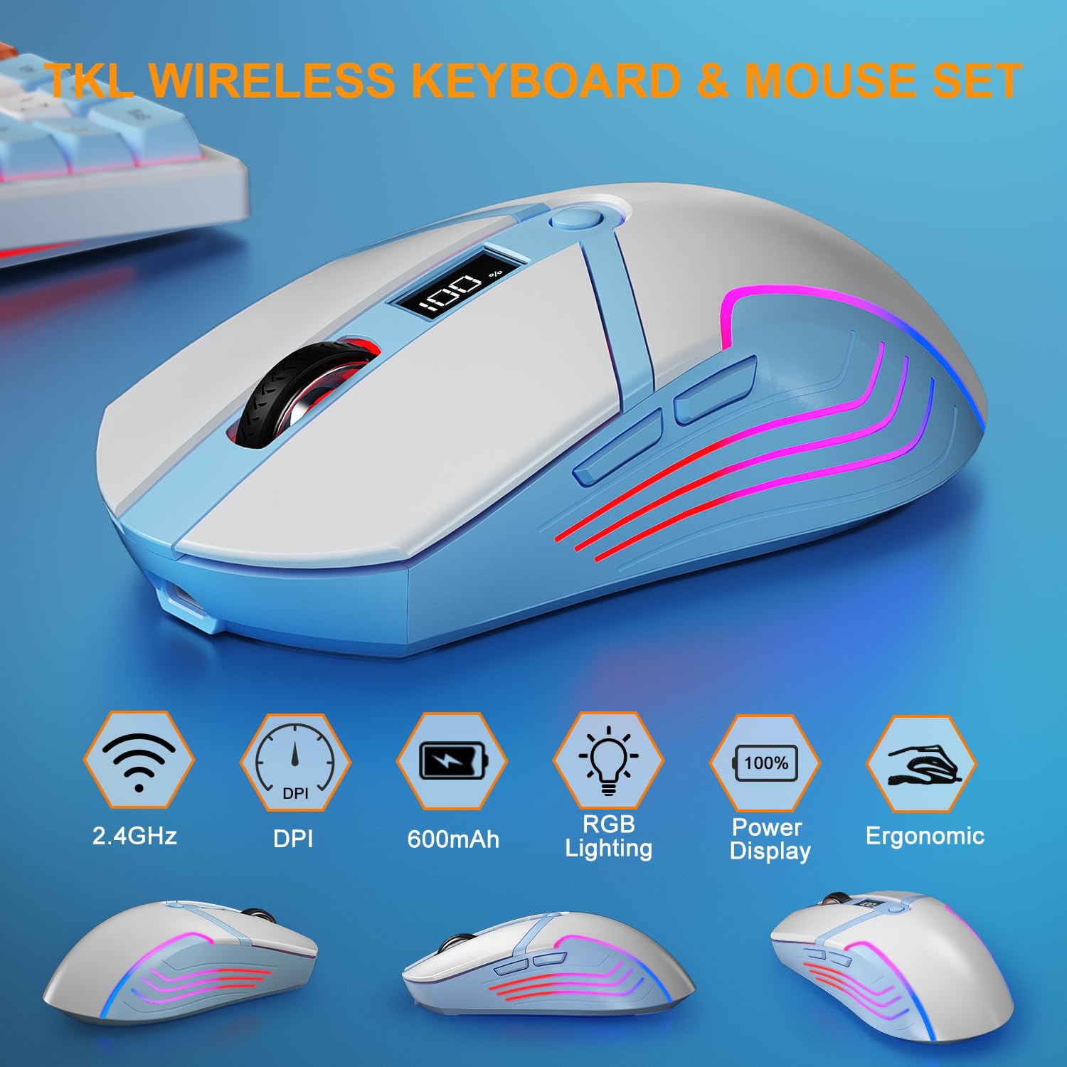 75% Tastatur und Maus Set Kabelloses, QWERTZ DE Layout Kompakte Gaming Tastatur mit Lautstärkeregler, Wiederaufladbare RGB Maus mit Akkuanzeige, Für PC Mac Xbox PS5