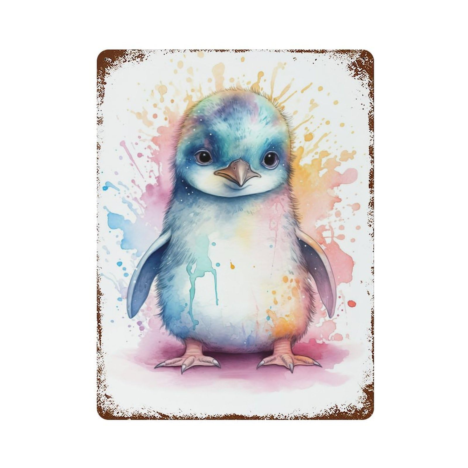 Distressed Metal Wall Sign with Watercolor Baby Penguin Design 15.7"x11.8", for Living Room, Hallway And Home Decor, Vintage Wall Decor