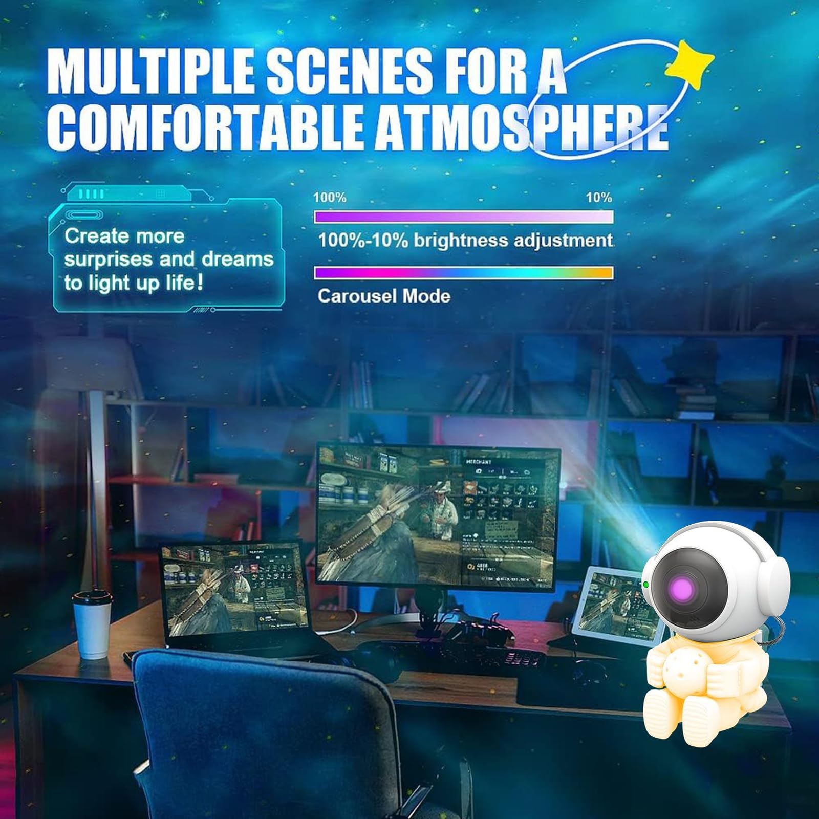 1 Stück Astronaut Galaxy Star Projektor - Weiß Astronaut Halten Ball Sternennachtlicht mit Fernbedienung, Einstellbare Timing Helligkeit für Schlafzimmer Gaming Zimmer Dekoration Geschenk