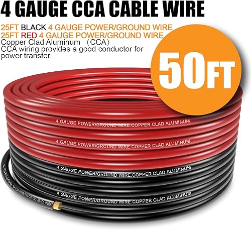 Miniatura 2 de Fuzbaxy Cable de calibre 4 (25 pies negro + 25 pies rojo) de aluminio revestido de cobre CCA  Cable automotriz primario de alimentacióntierra, 20