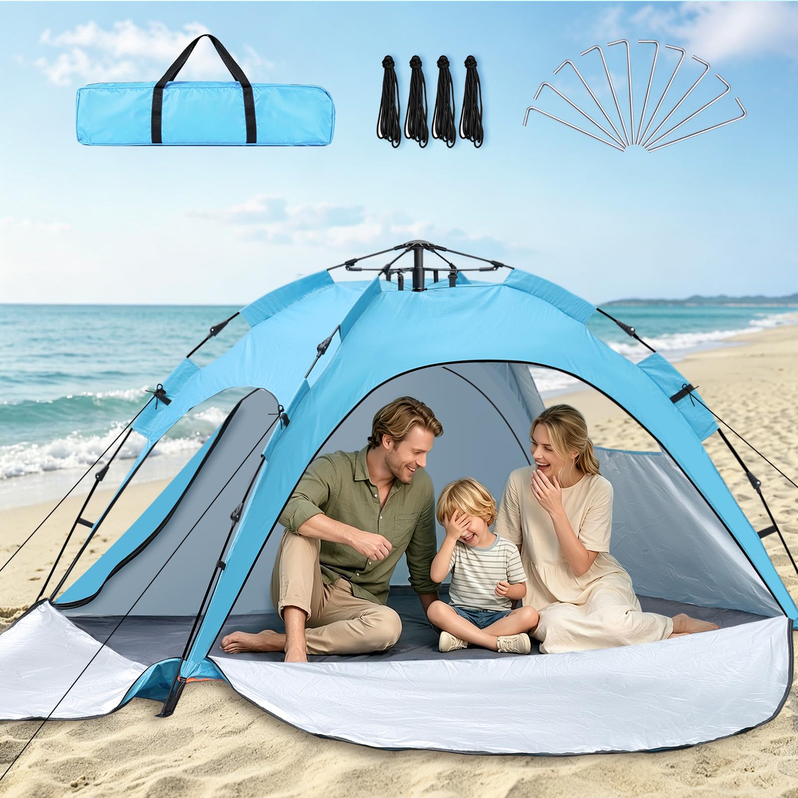 JONRRYIN Tenda da Spiaggia Pop Up per 2-3 Persone, Tenda Mare Spiaggia con Protezione UV 50+, 3 Ingressi, Gancio Interno e 4 Sacche di Sabbia, Struttura Portatile per Campeggio e Picnic