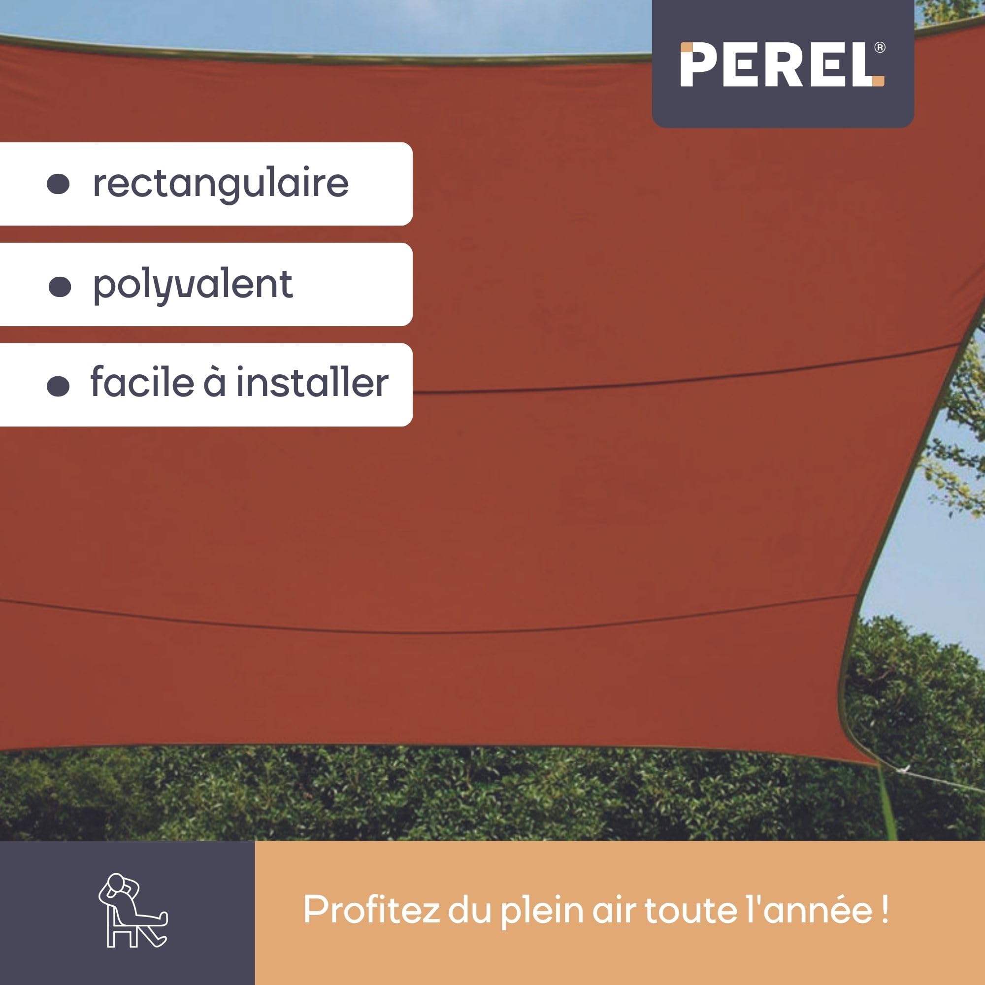 Perel Voile d’ombrage rectangulaire 4 × 3 m pour Jardin et terrasse, Polyester Respirant et déperlant 160 g/m², Protection UV 90%, Anneaux INOX, Terracotta