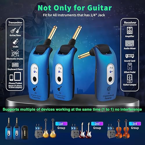 Miniatura 14 de Sistema de guitarra inalámbrico de 2.4 GHz, receptor transmisor inalámbrico de audio recargable para guitarra, bajo, instrumentos eléctricos, Negro