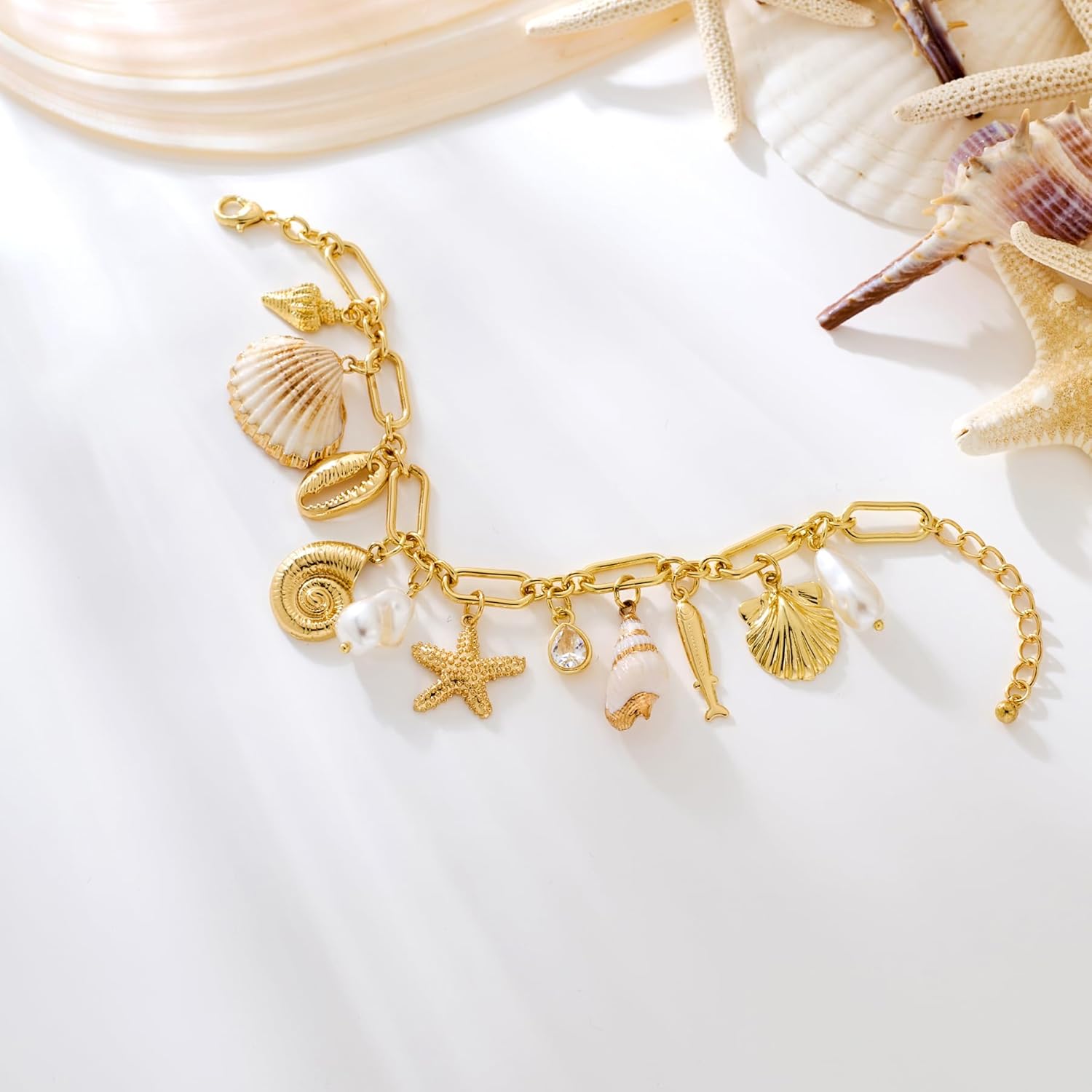 WOWORAMA Gold Shell Charm Bracelet for Women Chunky Gold Seashell Starfish Bracelet Boho Summer Beach Charm Bracelets Hawaiian Mermaid Jewelry - Image 3