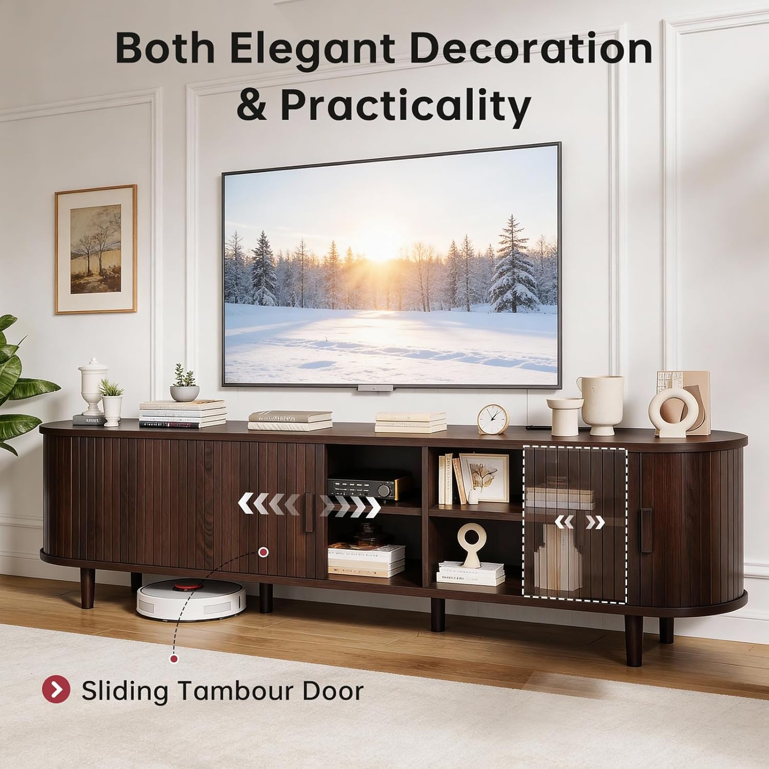 70" Mid Century Modern TV Stand, Wood TV Consoles with Sliding Doors and Power Outlet, Entertainment Center with Adjustable Shelves, Fluted TV Stands for Living Room, Walnut - Image 4