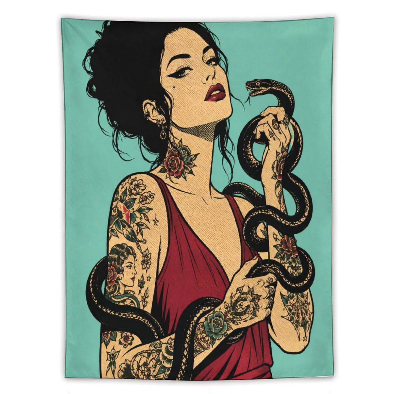 H3B8U2Y5 Tattooed Woman with Snake Wall Tapestry, Pop Art, College Dorm
