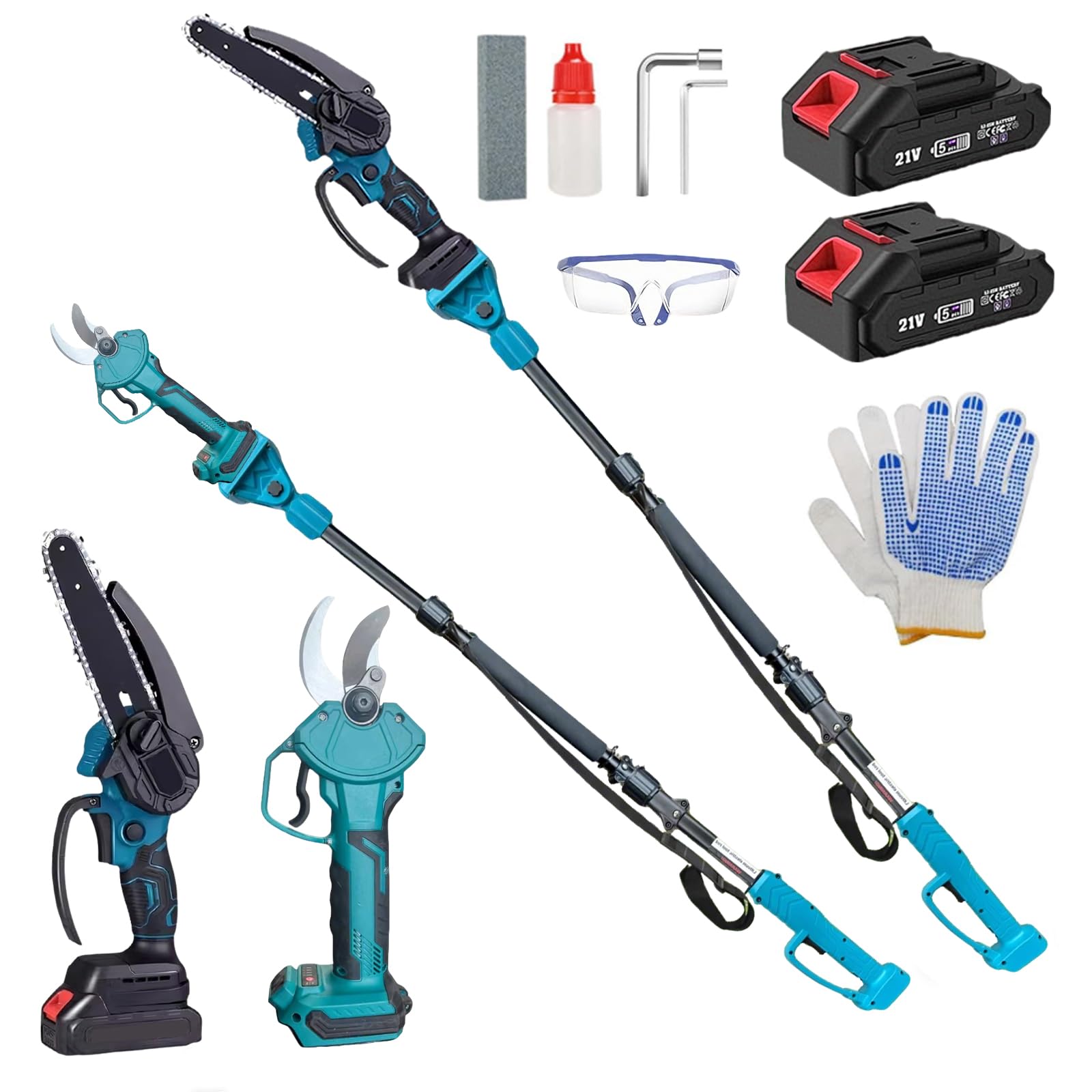 6 Zoll Mini Kettensäge & Akku Elektro Gartenschere,4-in-1 Elektro Hochentaster mit 2 x 4000mAh Akkus,VerläNgerungsstange Bis 2.6m,Bürstenloser Motor,Akku Hochentaster Gartenwerkzeug Set für Baumzweige