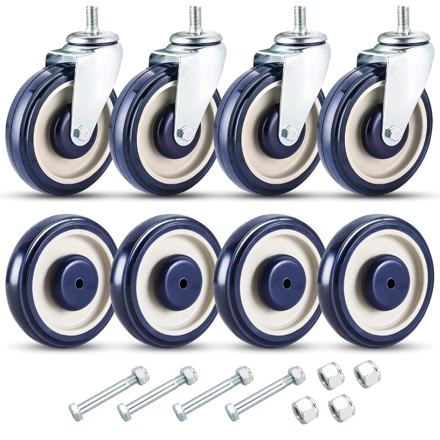 8 Pack 5" Shopping Cart Replacement Wheels Kit, Double Ball Bearing TPU Silent Wheels for Supermarket Carts, Cart Wheels Set with Hardware- 5 Inch Stem Threaded Caster Wheels (Blue)