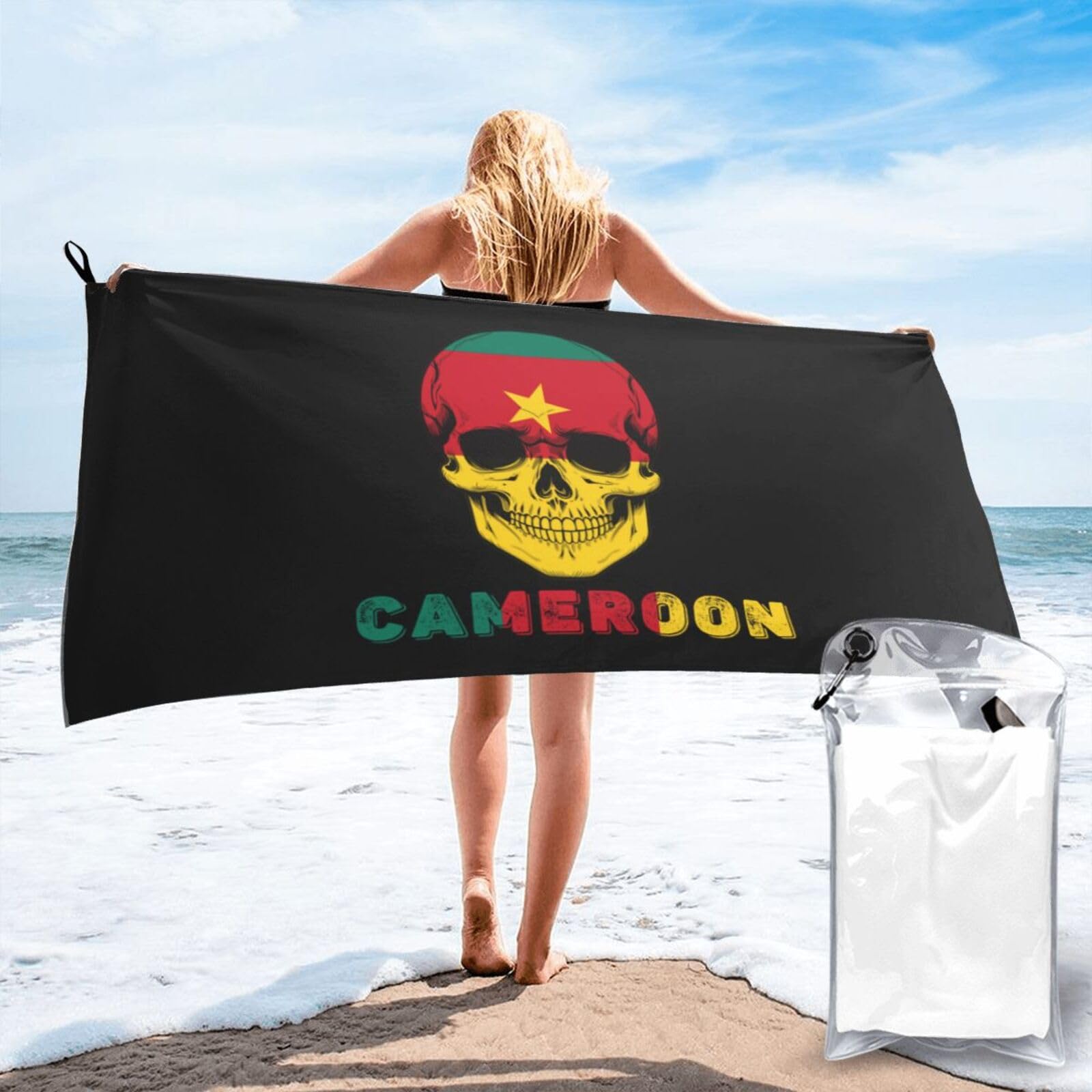 HACXZ Skull Cameroon Flag Lightweight Absorbent Beach Towel Microfiber Beach Towel 27.5"X55"