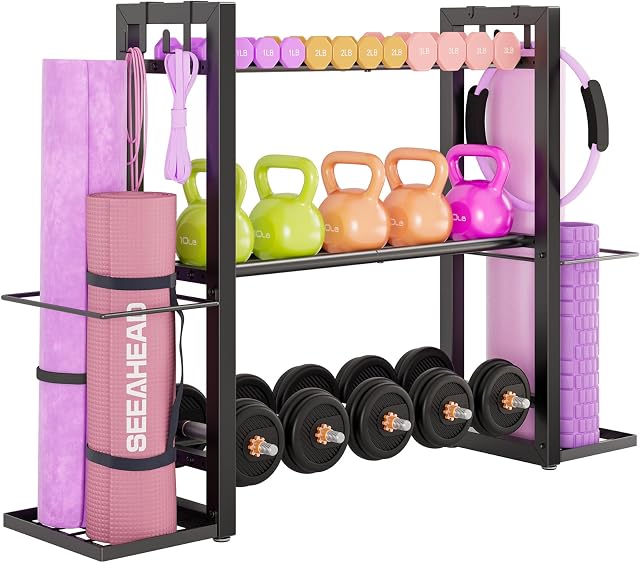 3-Tier Rack réglable Rack de stockage de métaux lourds, Rack poids et kettlebells Dumbbell, Organisateur de tapis de yoga, matériel de gymnastique polyvalent Support de stockage pour les accessoires de gym à domicile