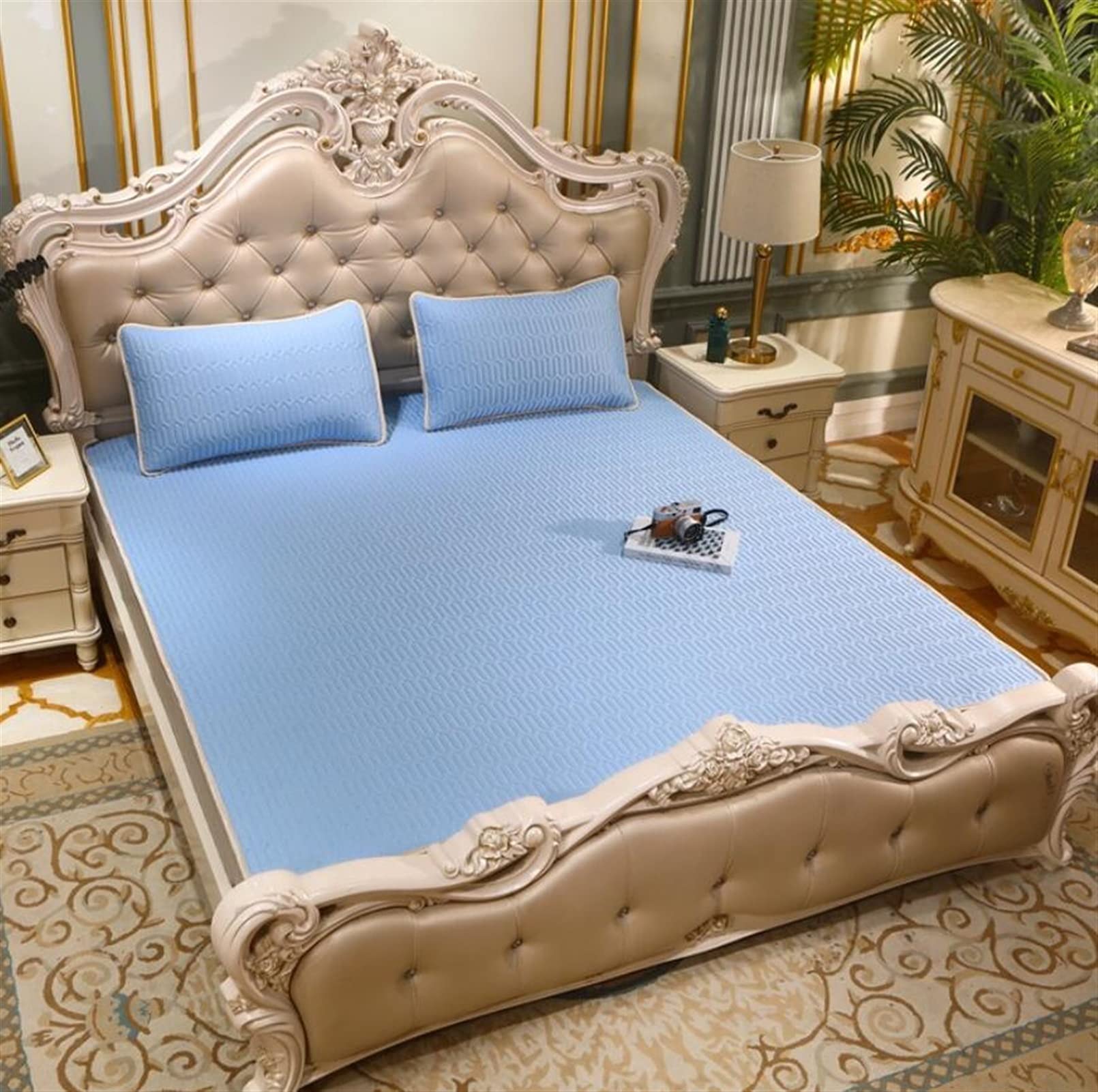 Matelas rafraîchissant en soie glacée lavable pour lit double bleu