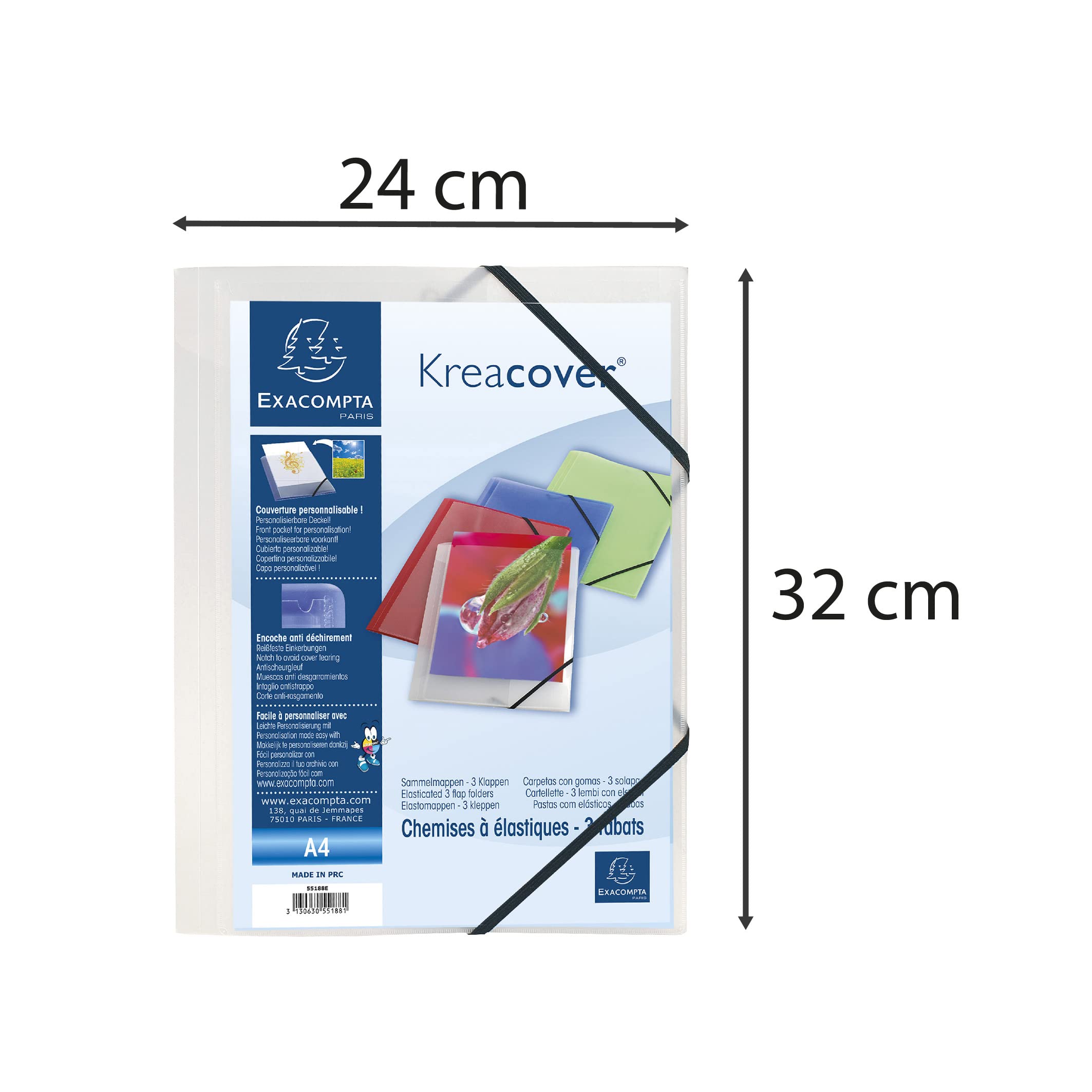 Exacompta - 55188E - Caja de 25 subcarpetas elásticas Kreacover - bolsillos con 3 solapas - en polipropileno translúcido - dimensiones 24 x 32 cm para documentos formato A4 - incoloro