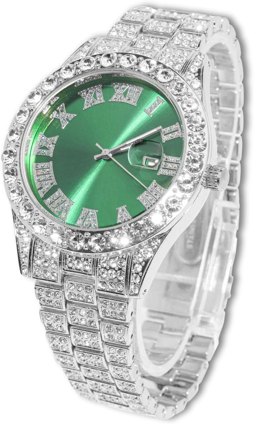 Diamond Watch for Men Guys Iced Out Green/Blue/Red Dial 18MM Wide Wristband 18k Real Gold/White Gold Platinum Plated, with Cuban Link Chain Set Optional, Gift for Boyfriend Husband