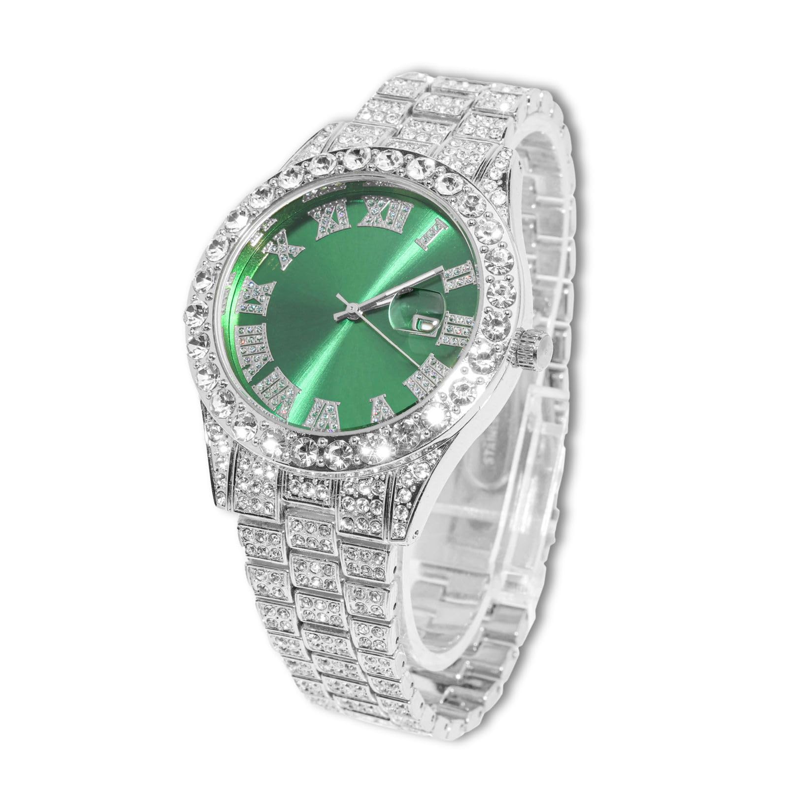 Diamond Watch for Men Guys Iced Out Green/Blue/Red Dial 18MM Wide Wristband 18k Real Gold/White Gold Platinum Plated, with Cuban Link Chain Set Optional, Gift for Boyfriend Husband