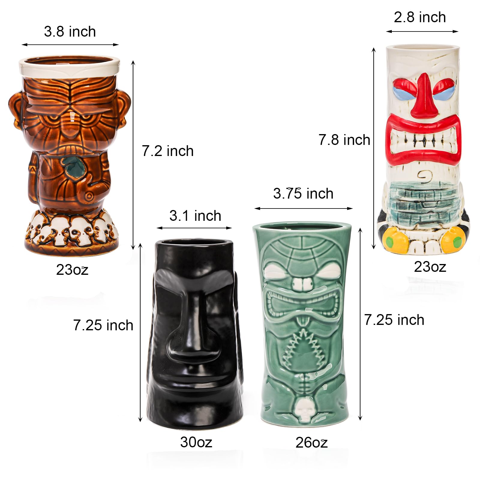 Bekith Ceramic Tiki Mugs Set of 4, Large Tiki Glasses for Cocktails, Hawaiian Party Drinkware Bar Decor Creative Tiki Cup Set, Tiki Drinking Bar Decorations Vintage Tropical Drinkware Barware