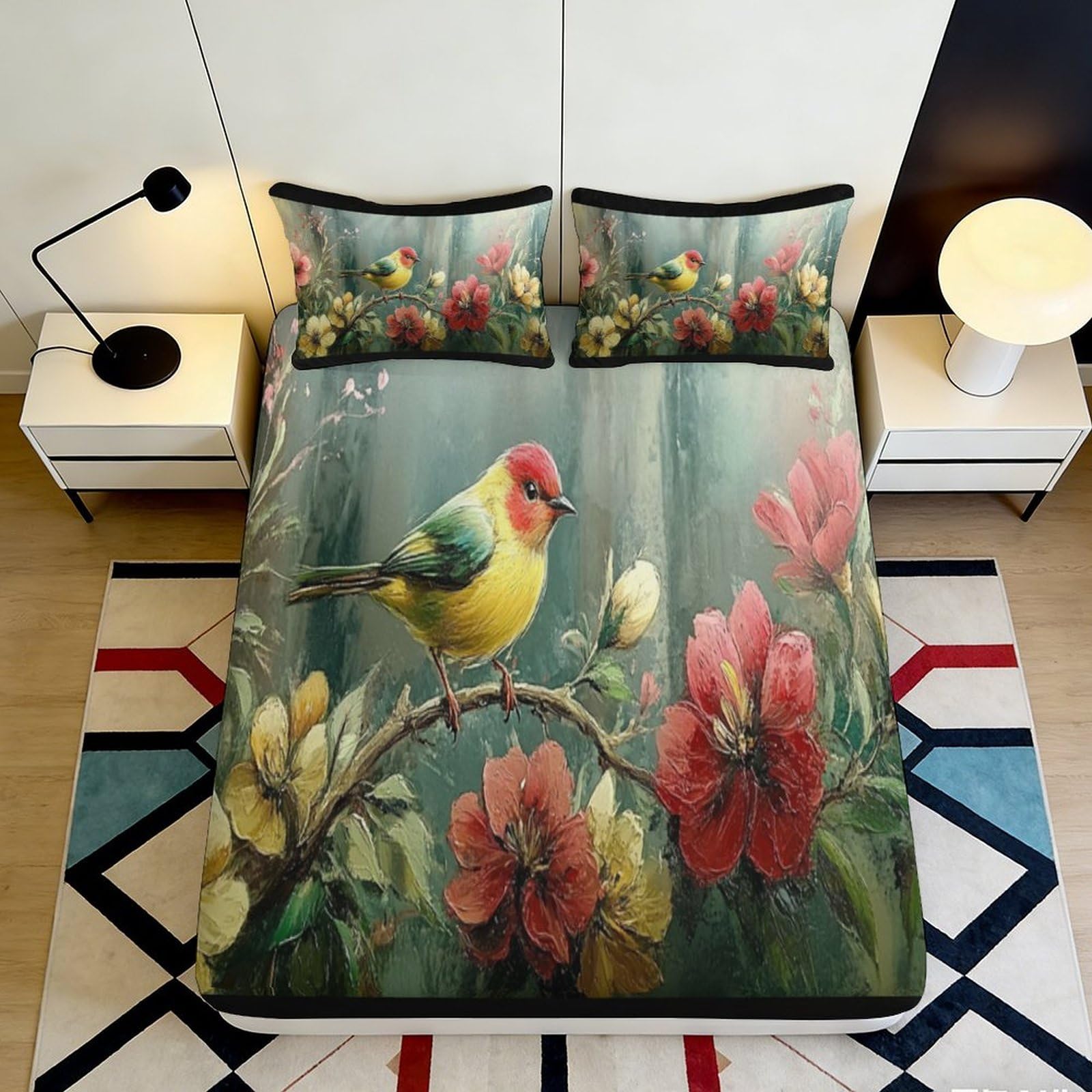 Wtorimpel Style-8 3D Printed Bird Floral Microfiber Fitted Sheet Deep Pocket Non-Slip Bedroom Bedding Floral Mattress Fitted Cover 90X200x25cm