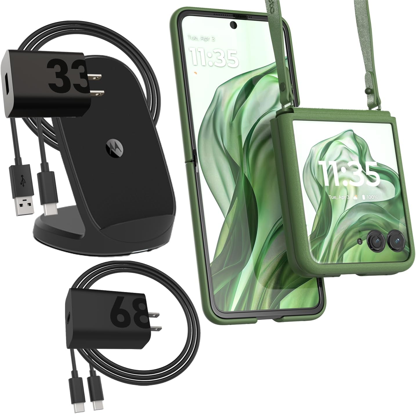Motorola Razr+ (Plus) 2024/2025 Spring Green Adjustable Cross Body Case + TurboPower Wireless Stand + 33W Charger + TurboPower 68W Charger
