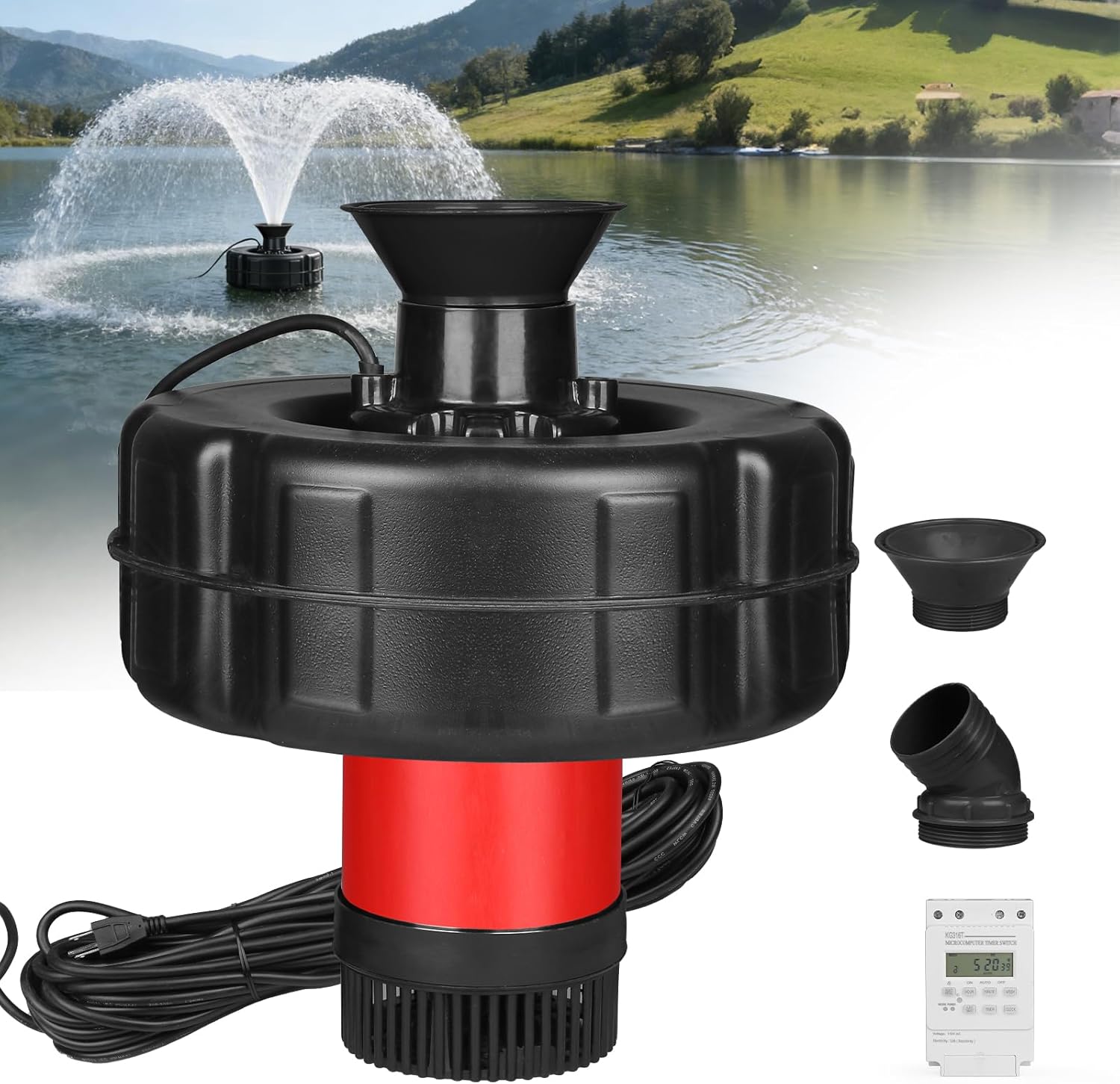 Pond Fountain Aerator 1HP 750W, Floating Fountain Pump with Timer & 100FT Power Cord, 15000 GPH High Flow, Pure Copper Motor, Quiet & Energy-Saving, Dual-Use Aeration & Irrigation for Ponds & Lakes