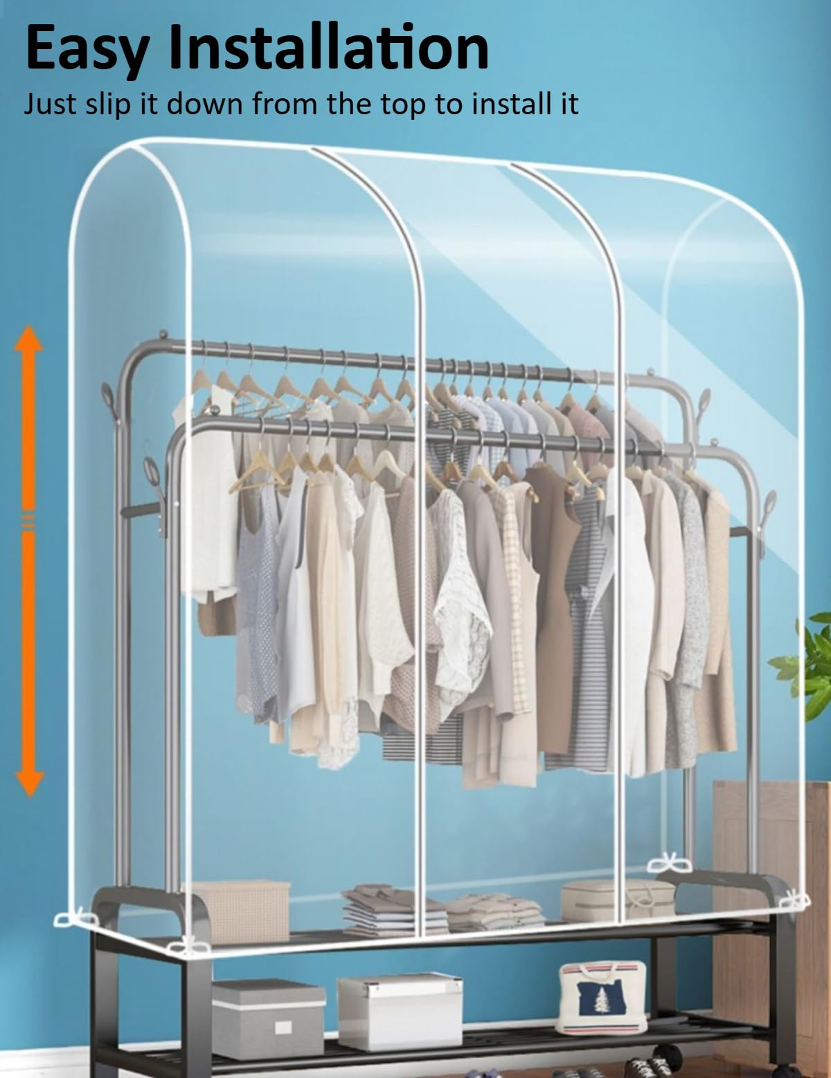 Transparente Staubschutzhülle für Kleiderstangen, Doppelstangen-Garderobenschutz für Schlafzimmer, geeignet für Mäntel, Anzüge und Kleider, wasserdichte, Wiederverwendbare Kleiderbügelhülle