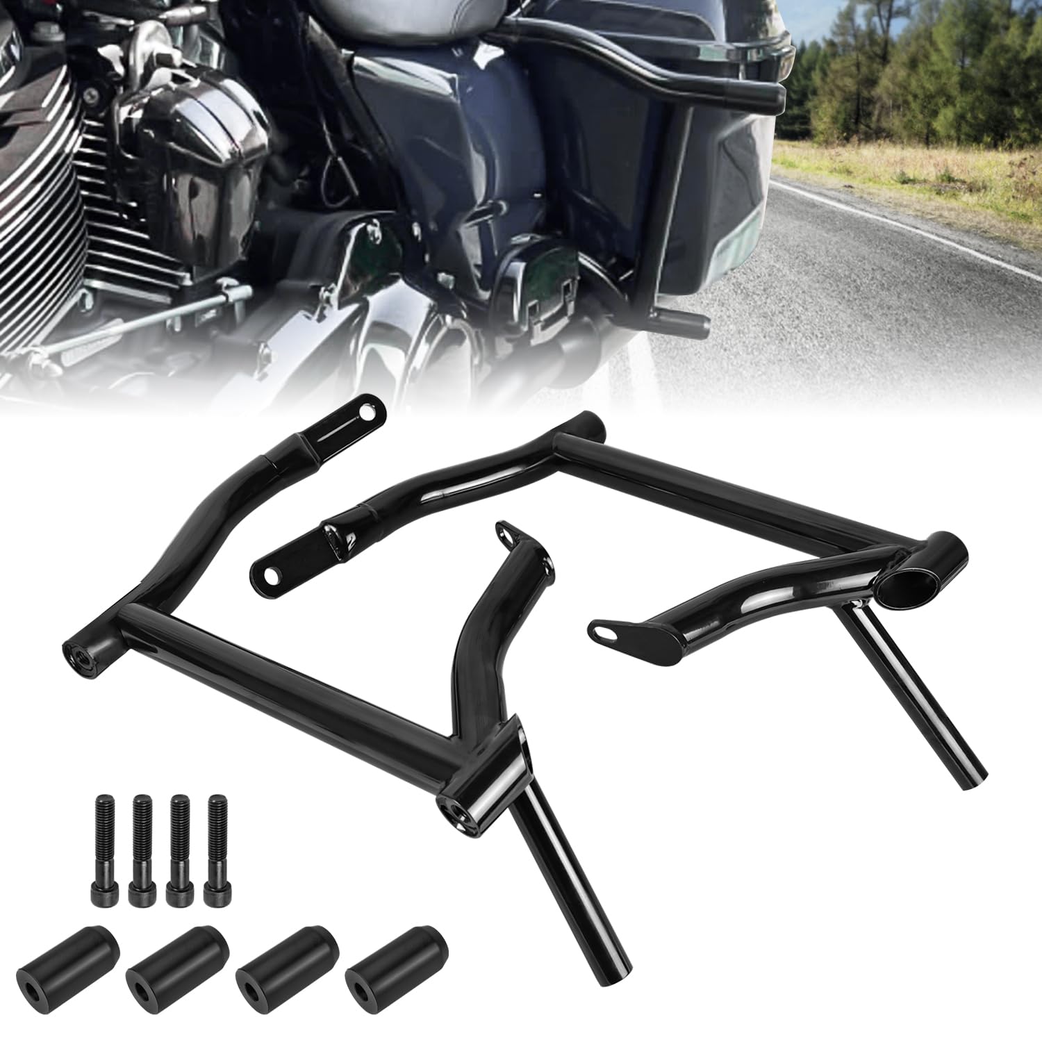 AUFER Saddle Bag Guards Rear Crash Bar Bracket Compatible with for 2009-2024 Touring Street Glide Road Glide Road King Electra Ultra Limited CVO Tip Over Saddlebag Protection Support Bracket Kit